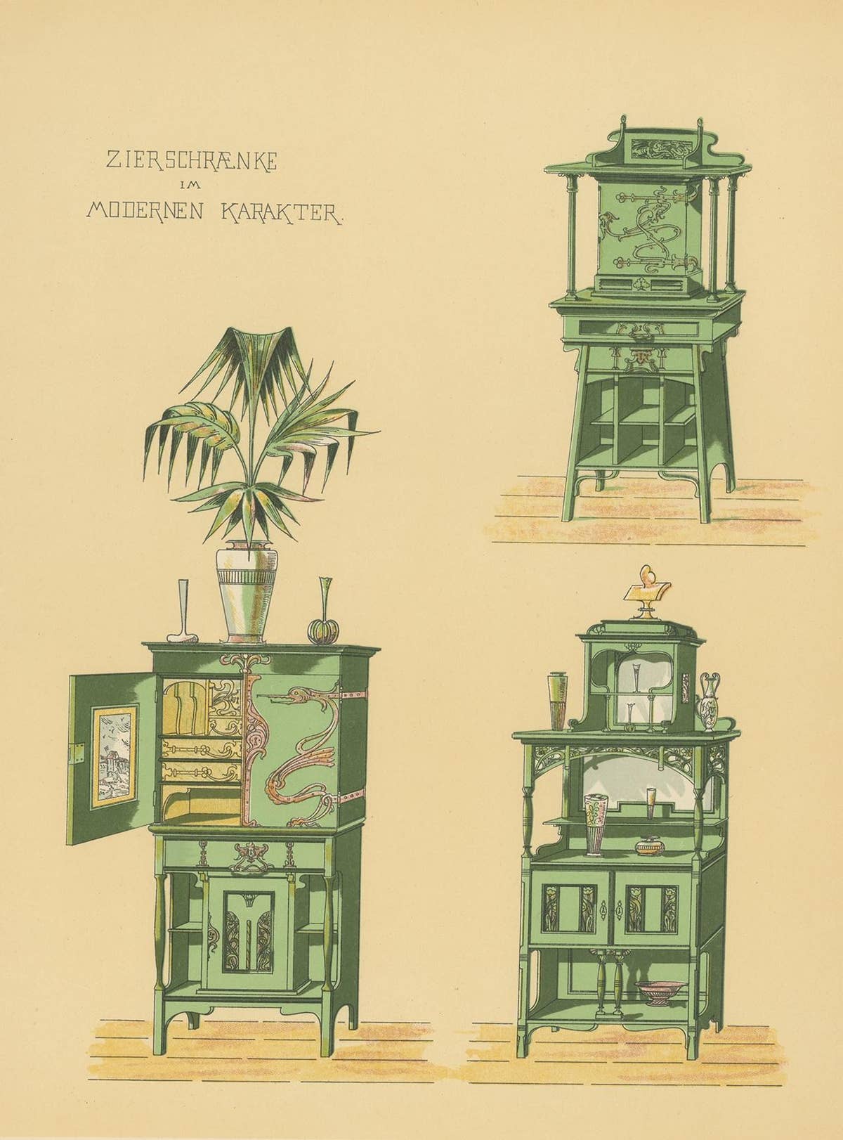 Pl. 14 Antique Print of Decorative Cabinets by Kramer 'circa 1910'