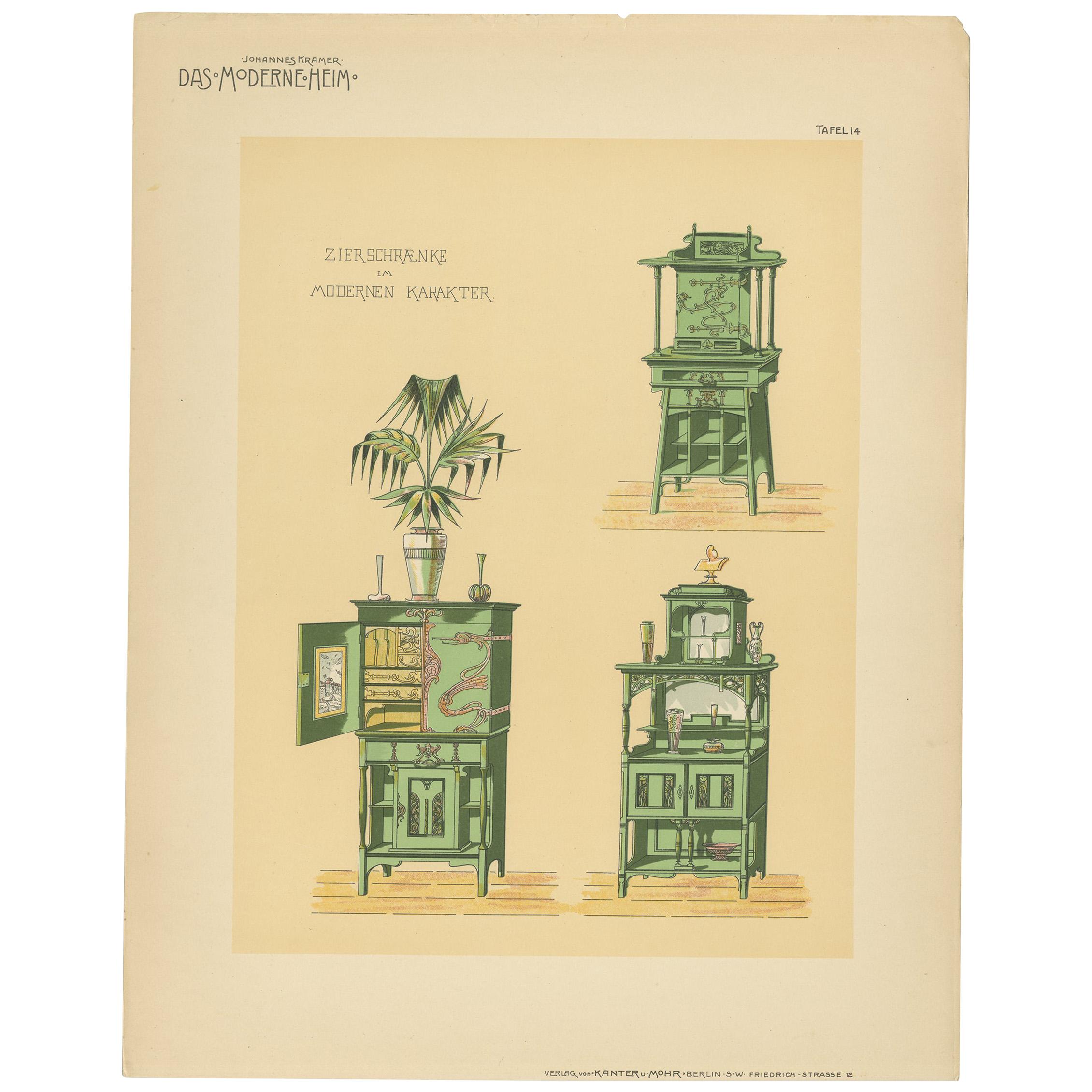 Pl. 14 Antique Print of Decorative Cabinets by Kramer 'circa 1910' For Sale