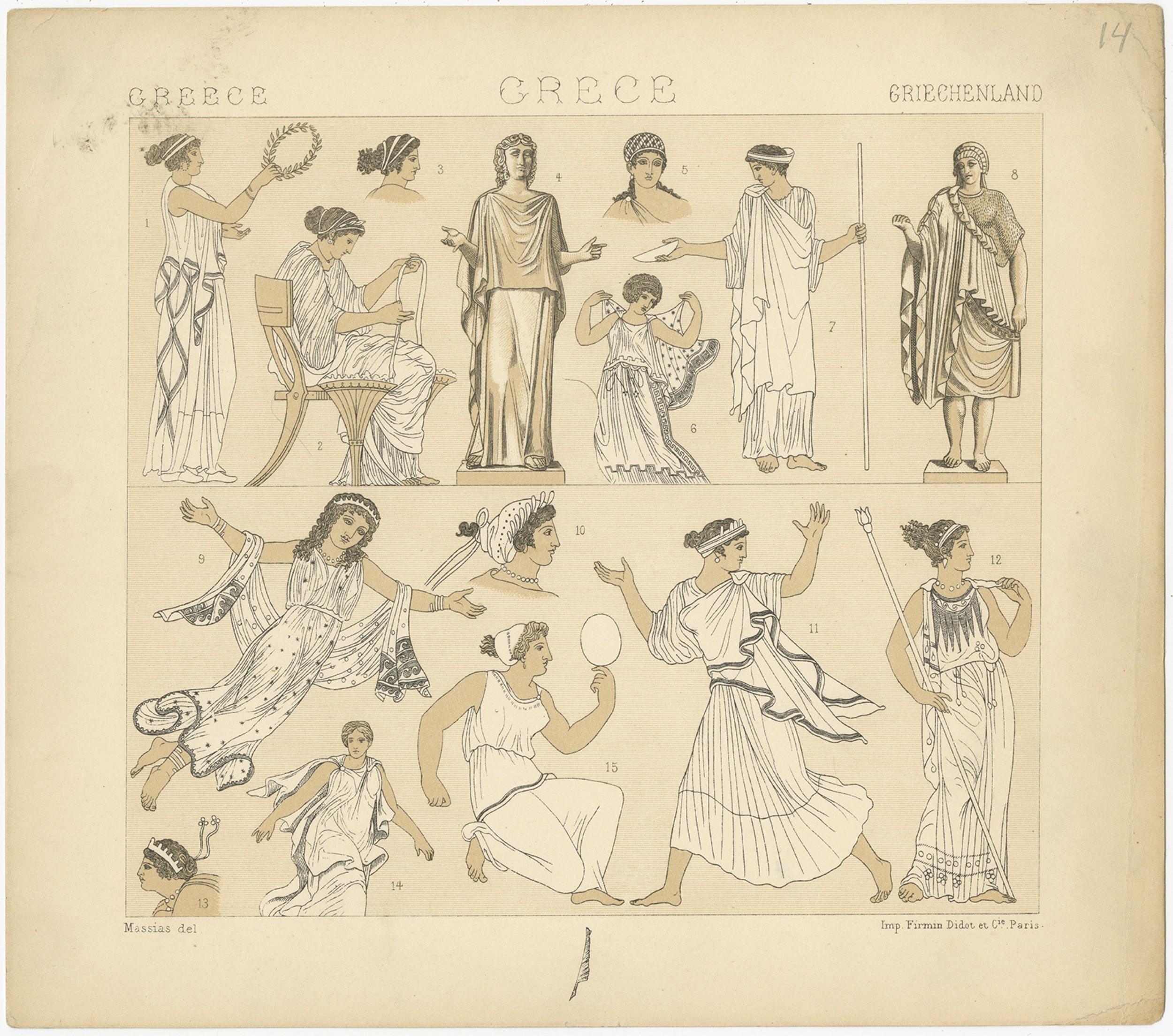 Antique print titled 'Greece - Grece - Griechenland'. Chromolithograph of Greece costumes. This print originates from 'Le Costume Historique' by M.A. Racinet. Published, circa 1880.