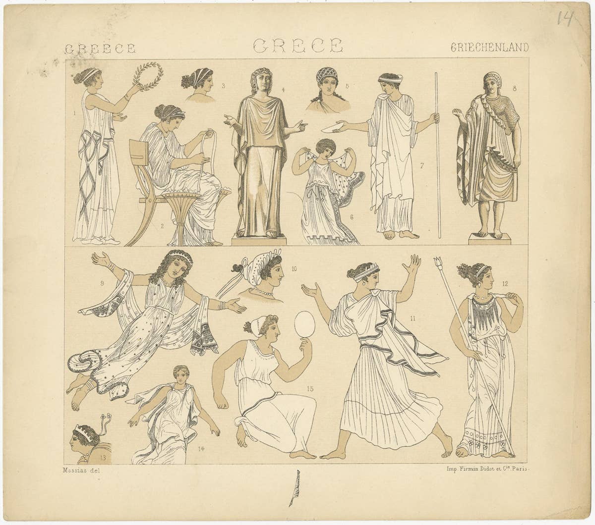 Pl. 14 Antique Print of Greece Costumes by Racinet, 'circa 1880'