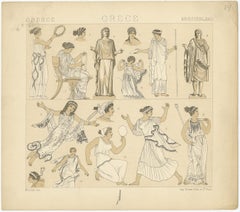 Pl. 14 Antique Print of Greece Costumes by Racinet, 'circa 1880'