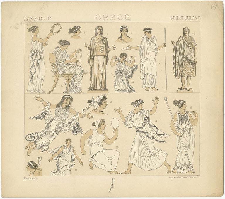 Pl. 14 Antique Print of Greece Costumes by Racinet, 'circa 1880' For Sale  at 1stDibs