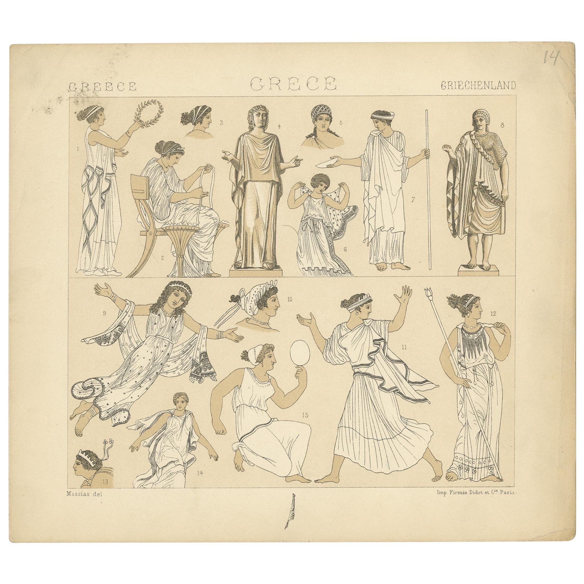 Pl. 14 Antique Print of Greece Costumes by Racinet, 'circa 1880'
