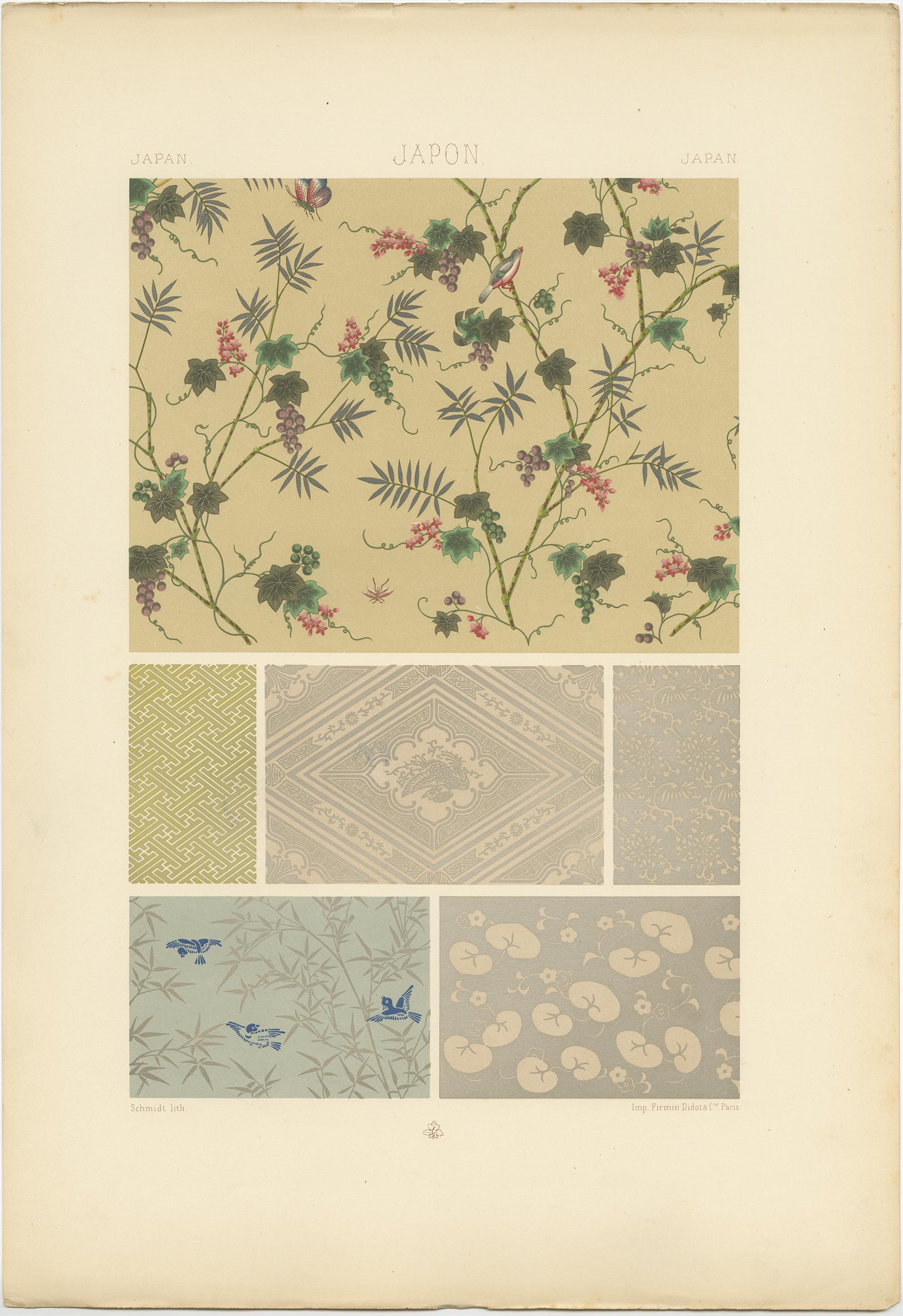 Antique print titled 'Japanese - Japonais - Japonesisch'. Chromolithograph of Japanese printed wallpapers ornaments. This print originates from 'l'Ornement Polychrome' by Auguste Racinet. Published circa 1890.