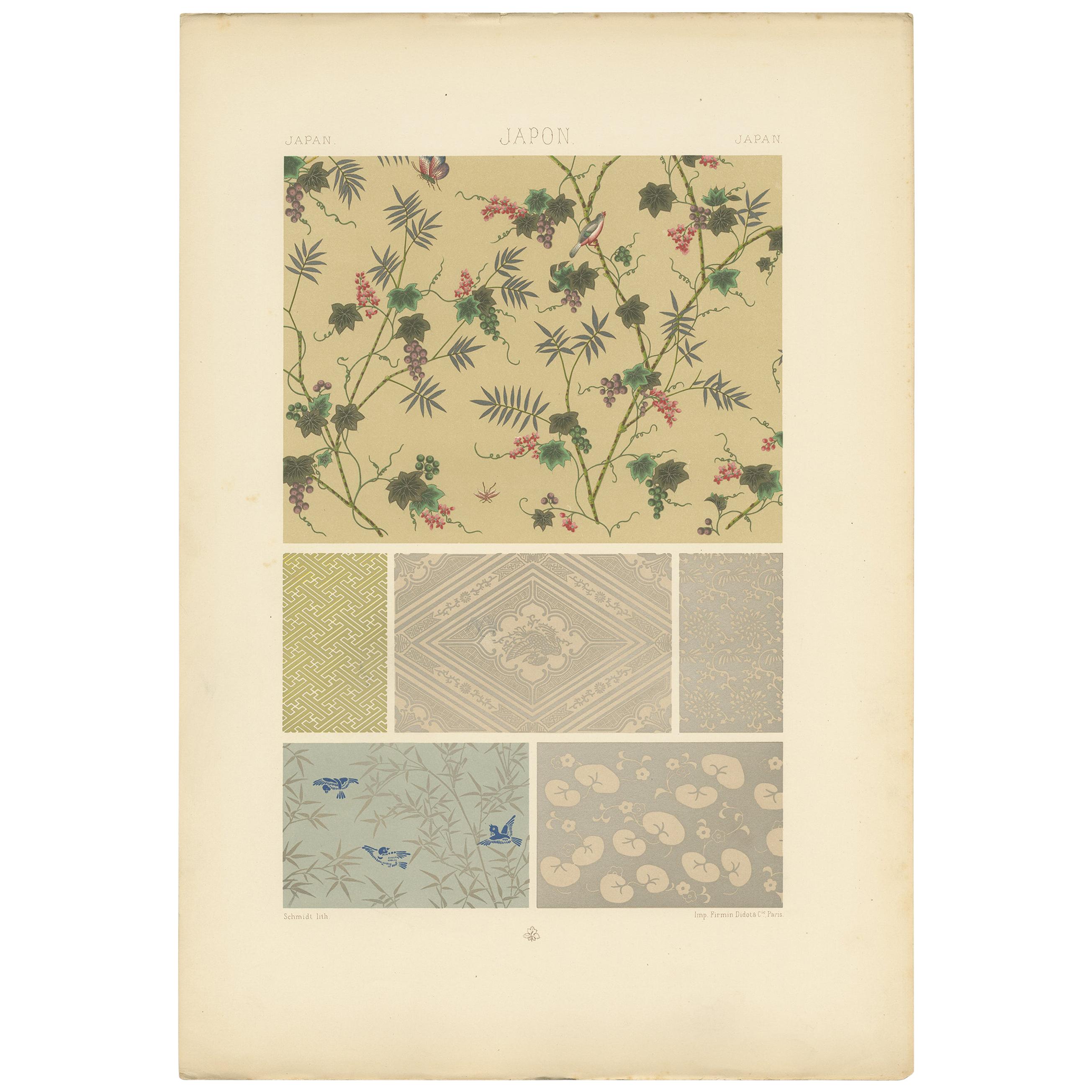 Pl. 14 Antique Print of Japanese Printed Wallpapers by Racinet, 'circa 1890'