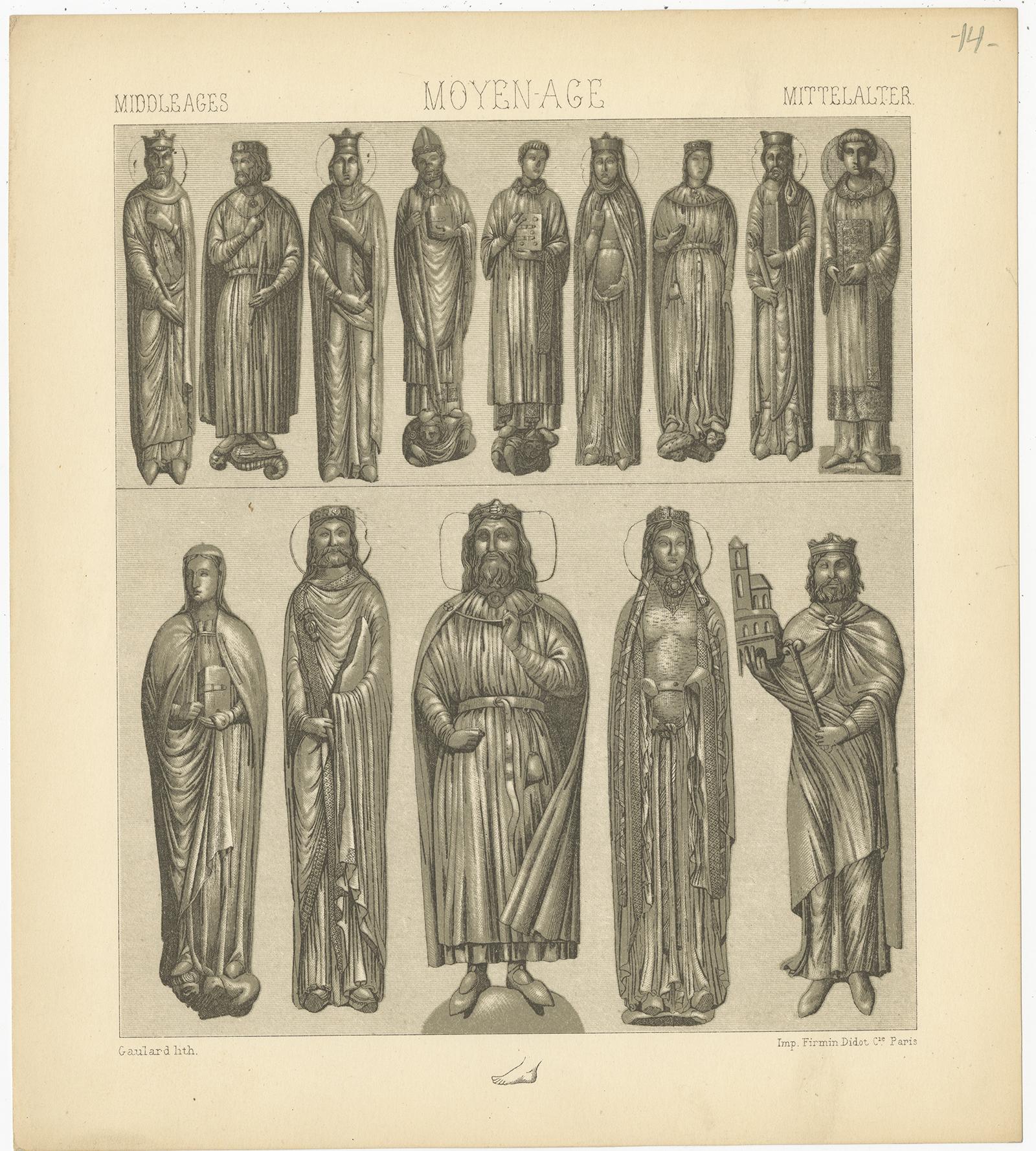 Antique print titled 'Middle Ages - Moyen Age - Mittelalter'. Chromolithograph of Middle Ages Statues Objects. This print originates from 'Le Costume Historique' by M.A. Racinet. Published circa 1880.