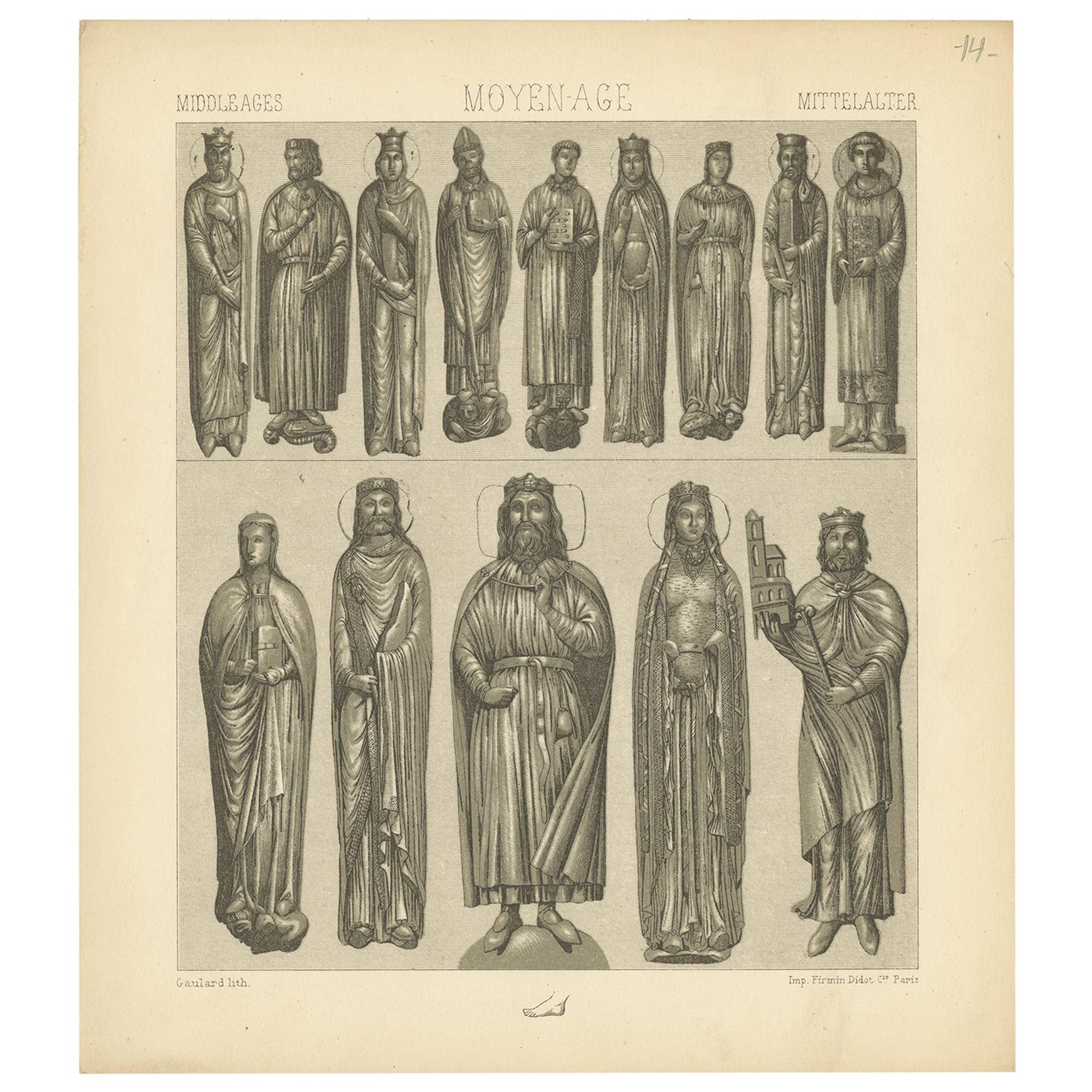 Pl. 14 Antique Print of Middle Ages Statues Objects by Racinet 'circa 1880' For Sale