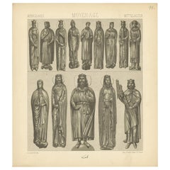 Impression ancienne de statues du Moyen Âge Pl. 14 d'objets de statues par Racinet, vers 1880