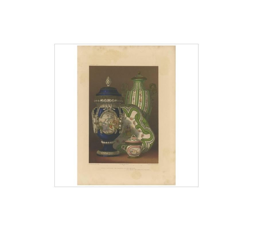 Antique print titled ‘Sevres porcelain’. Lithograph of Sèvres porcelain. This print originates from ‘Examples of Pottery and Porcelain selected from the Royal and other Collections’. Edited by J.B. Waring. Chromo-lithographed by F. Bedford. Drawings