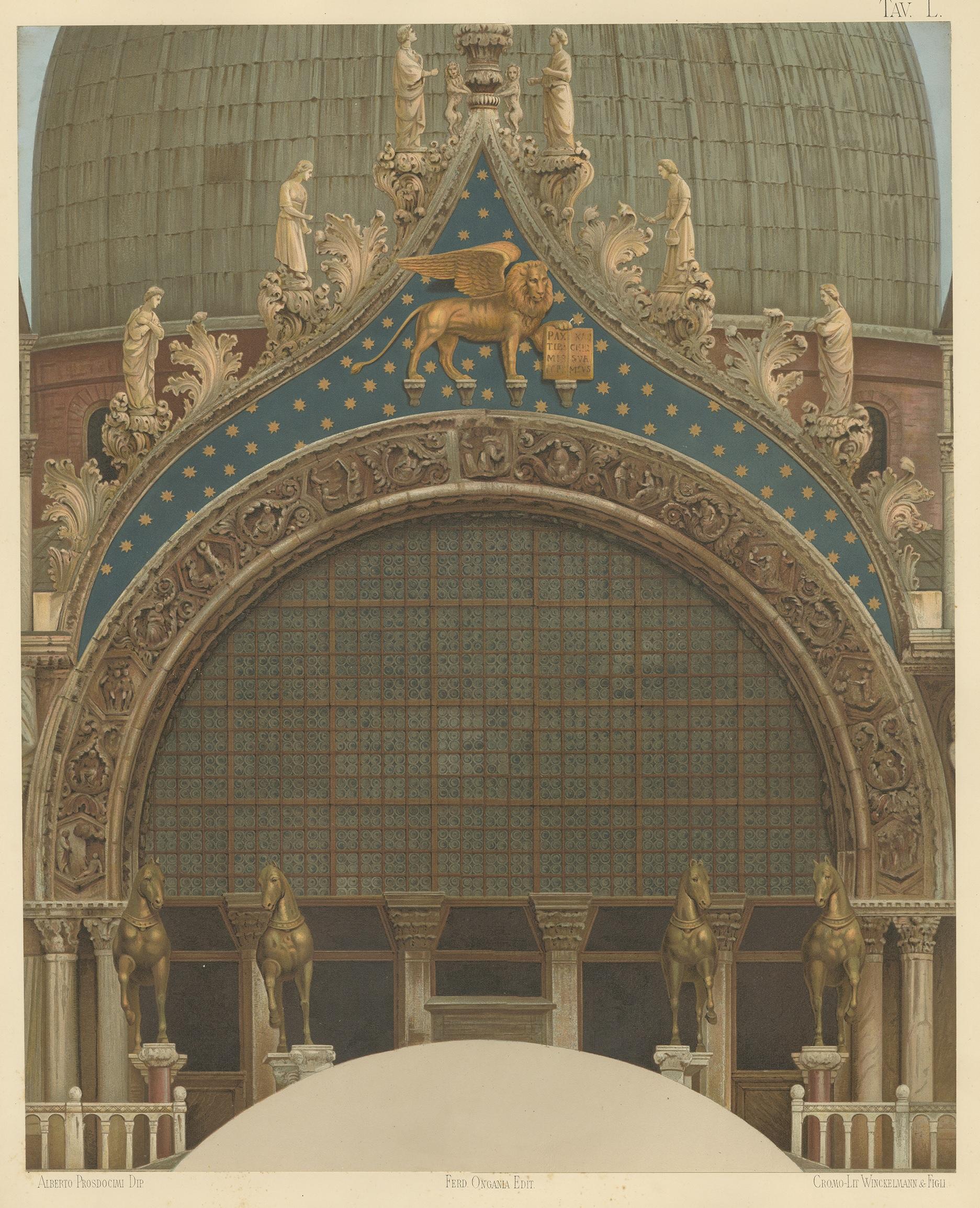 A large chromolithograph of the main portal of the Basilica of San Marco in Venice, Italy, originating from Ferdinando Ongania's 