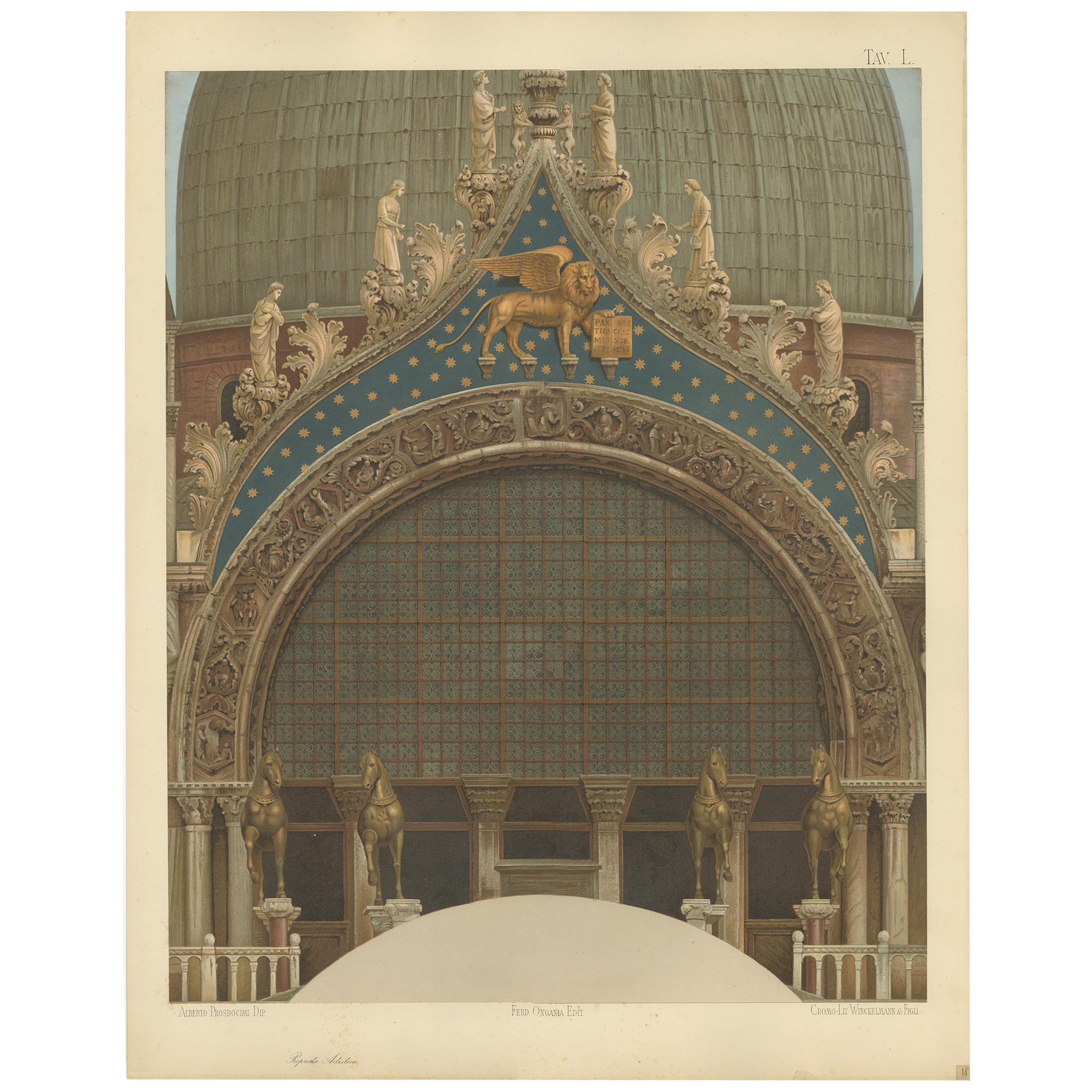 Antique Print of the Main Portal of the Basilica of San Marco, 1881