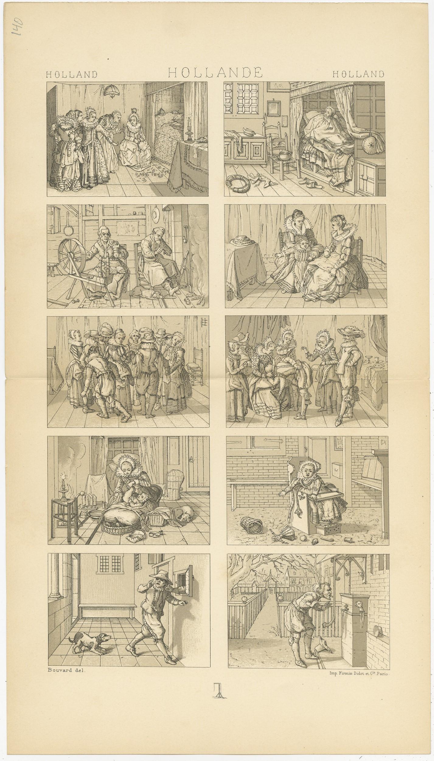 XIXe siècle Impression ancienne de scènes hollandaises par Racinet, Pl. 140, datant d'environ 1880 en vente