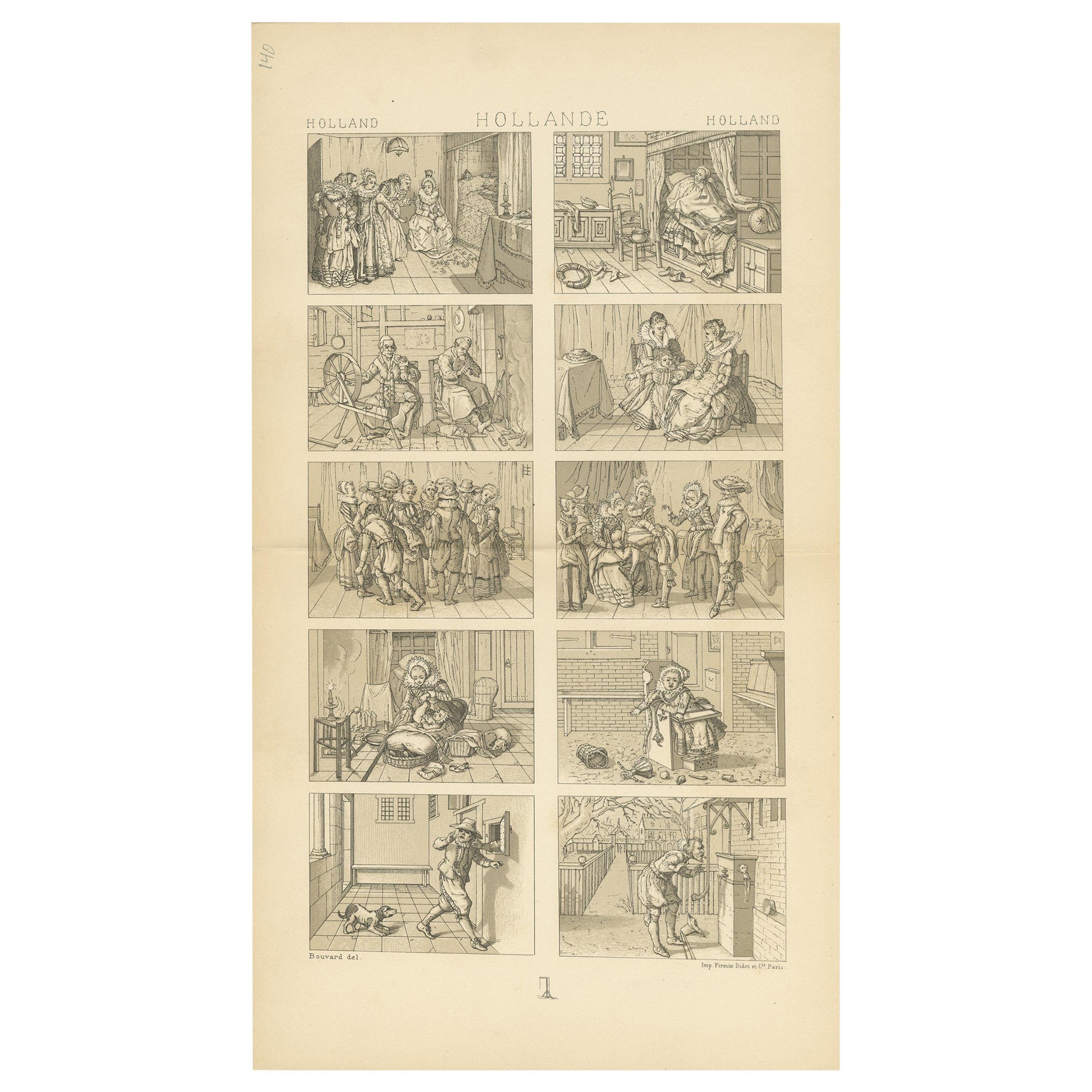 Pl. 140 Antique Print of Holland Scenes by Racinet, 'circa 1880' For Sale