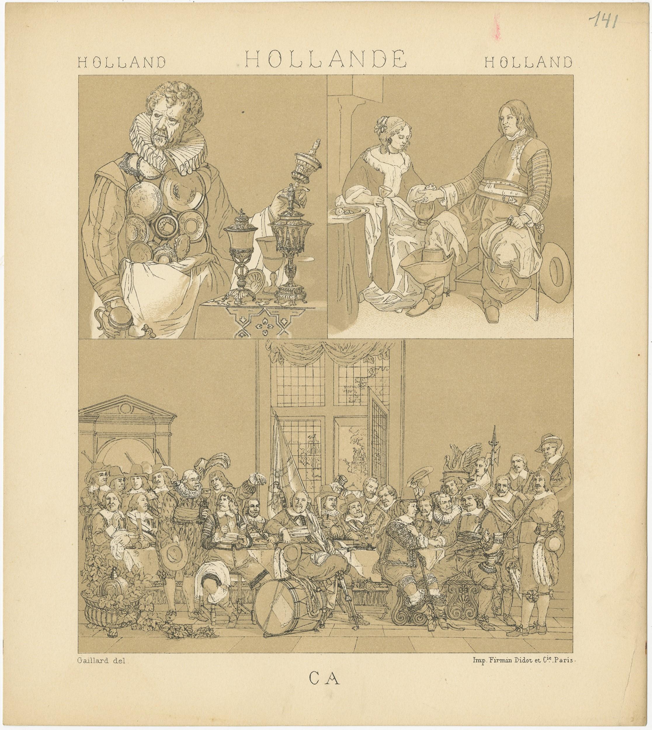 Antique print titled 'Holland - Hollande - Holland'. Chromolithograph of Holland Scenes. This print originates from 'Le Costume Historique' by M.A. Racinet. Published, circa 1880.
 
   