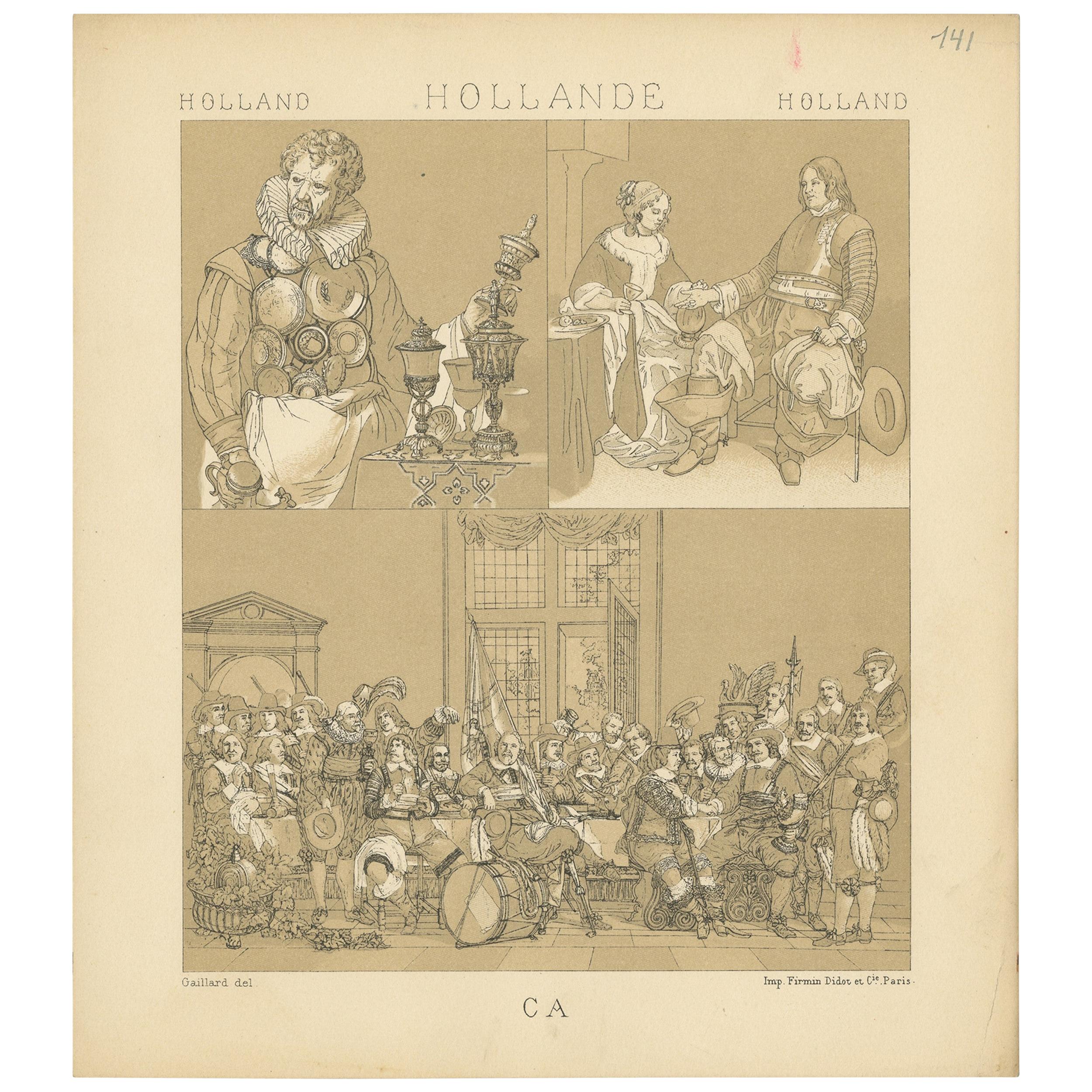 Pl. 141 Antique Print of Holland Scenes by Racinet, 'circa 1880'