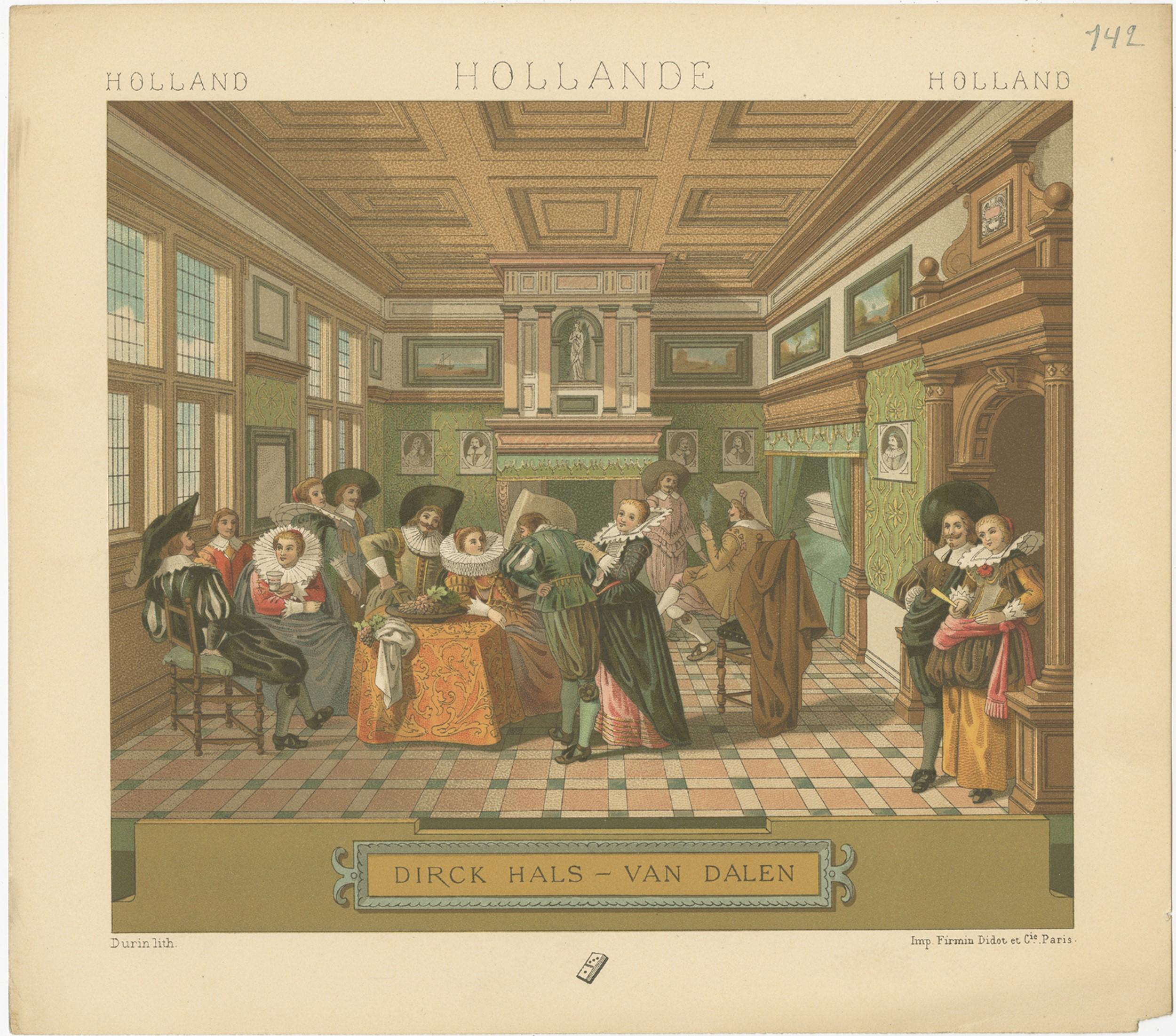 Antique print titled 'Holland - Hollande - Holland'. Chromolithograph of Holland - Dirck Hals Van Dalen. This print originates from 'Le Costume Historique' by M.A. Racinet. Published, circa 1880.
 
   