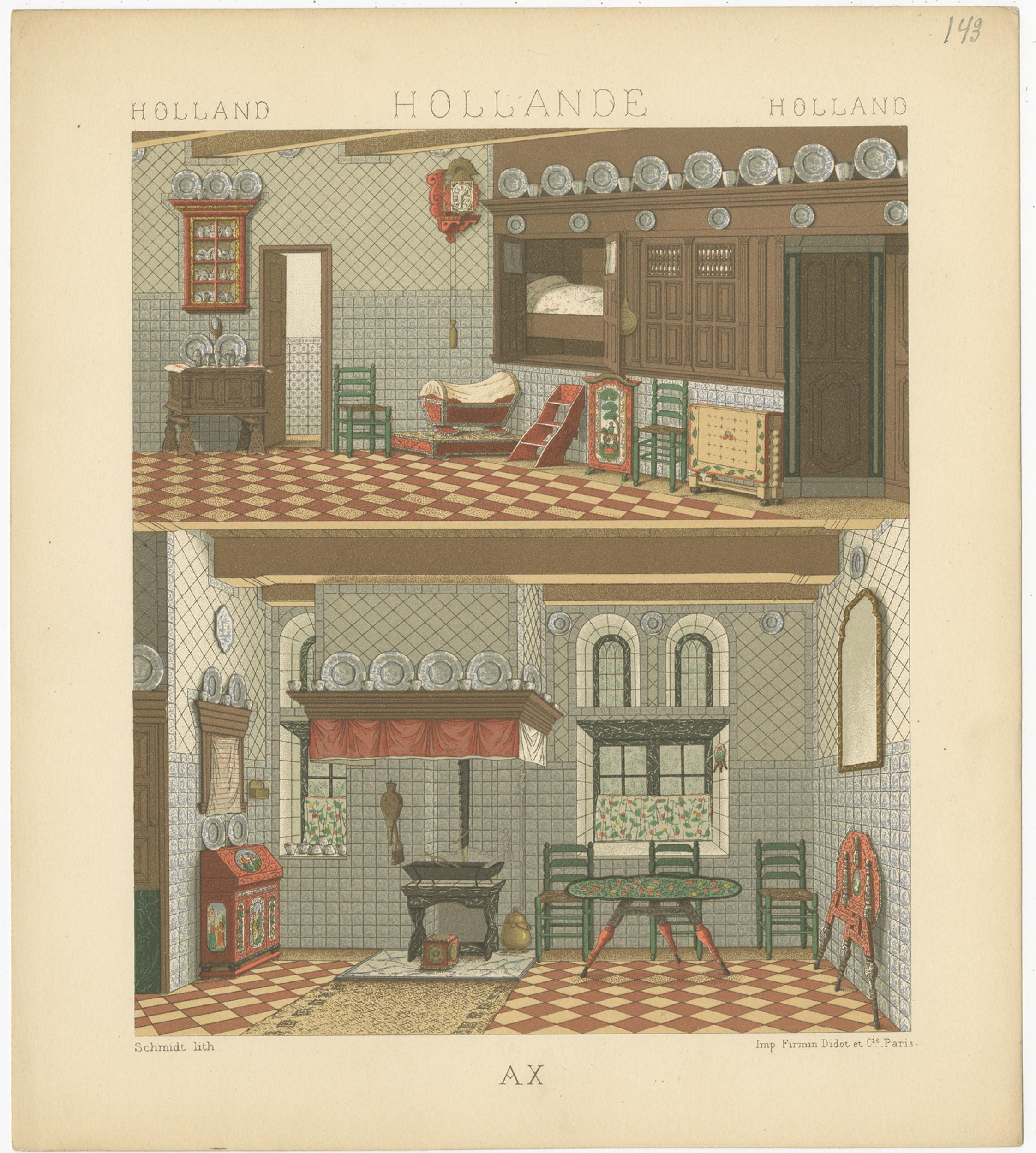 Antique print titled 'Holland - Hollande - Holland'. Chromolithograph of Holland Interior. This print originates from 'Le Costume Historique' by M.A. Racinet. Published, circa 1880.
 
  