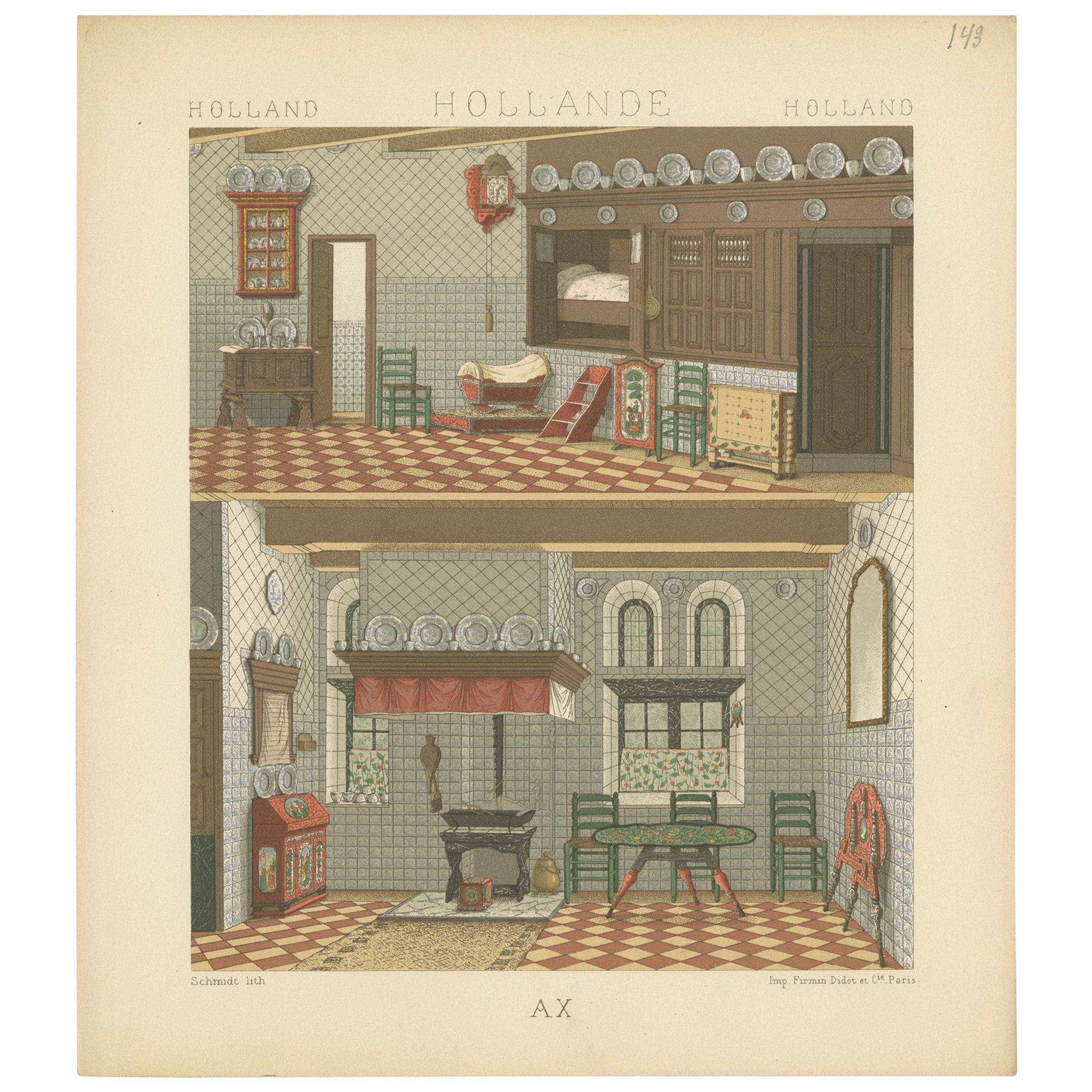 Pl. 143 Antique Print of Holland Interior by Racinet, 'circa 1880' For Sale