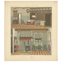 Impression ancienne d'un intérieur hollandais par Racinet, Pl. 143, circa 1880
