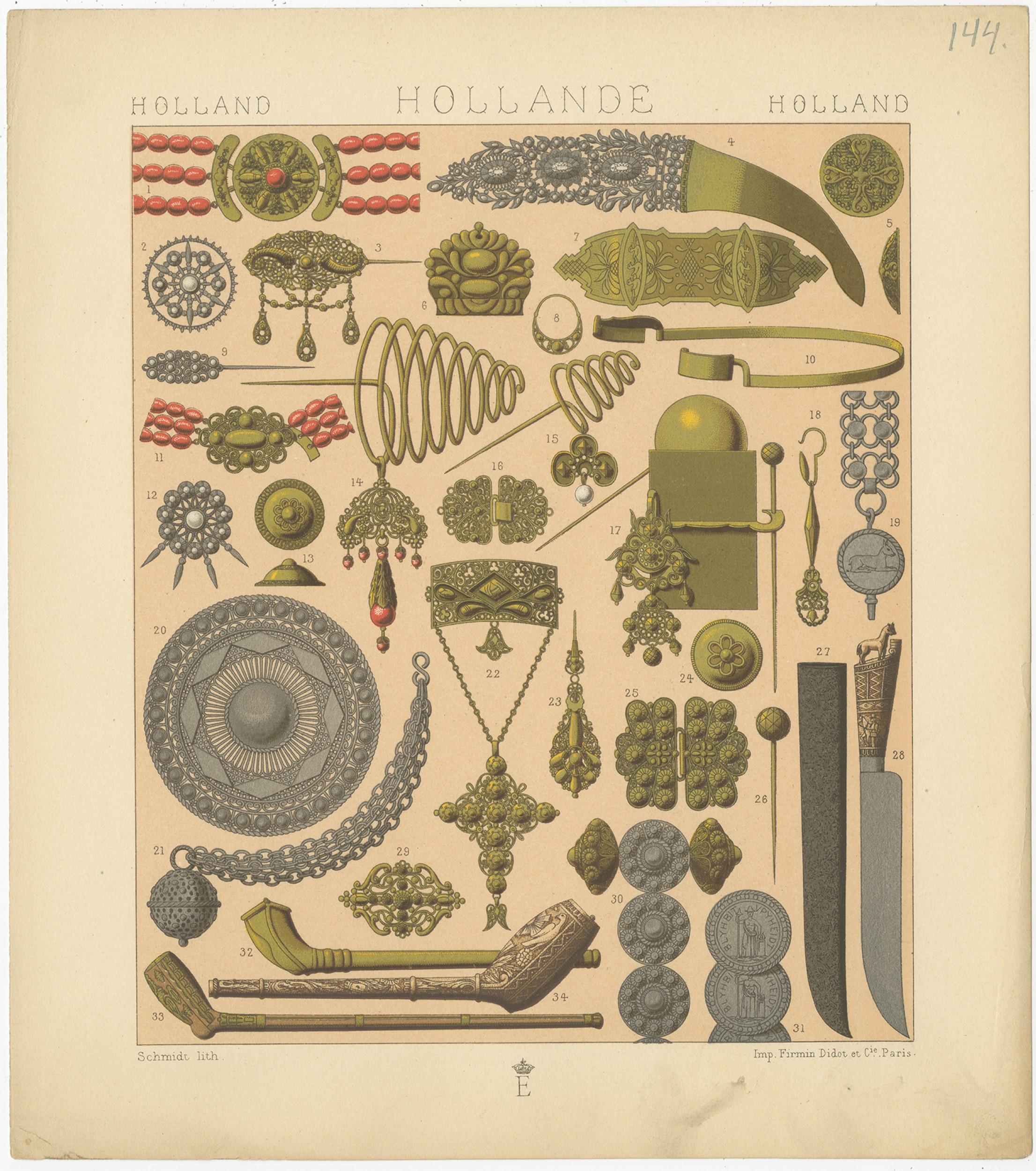Antique print titled 'Holland - Hollande - Holland'. Chromolithograph of Holland decorative objects. This print originates from 'Le Costume Historique' by M.A. Racinet. Published, circa 1880.

   