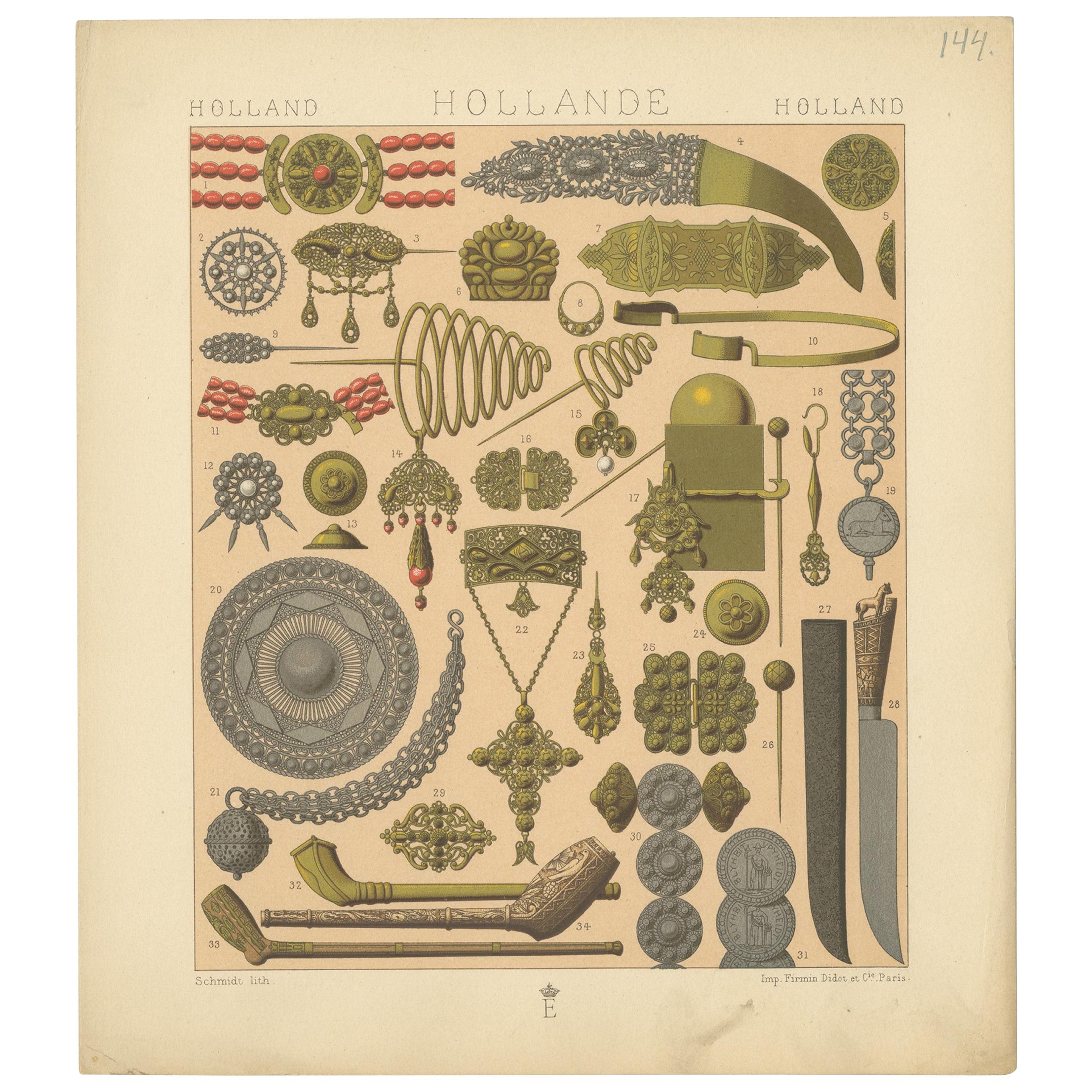 Pl. 144 Antique Print of Holland Decorative Objects by Racinet, 'circa 1880' For Sale