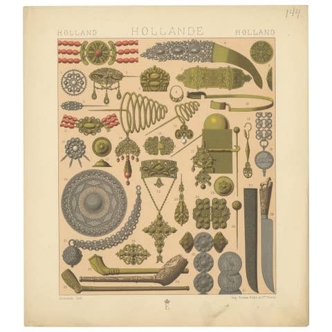 Pl. 144 Antique Print of Holland Decorative Objects by Racinet, 'circa 1880'