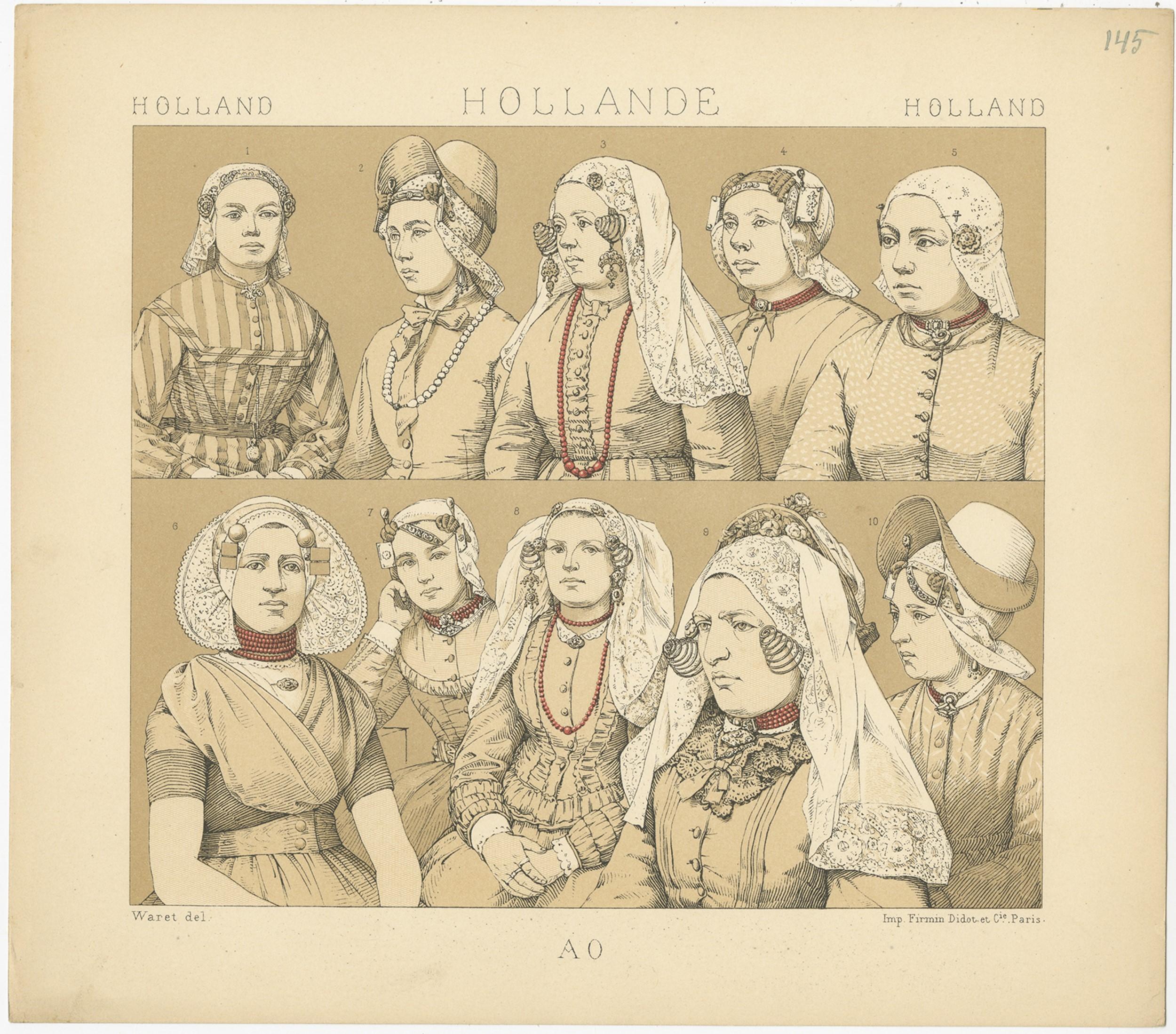 Antique print titled 'Holland - Hollande - Holland'. Chromolithograph of Holland women's outfits. This print originates from 'Le Costume Historique' by M.A. Racinet. Published, circa 1880.

   