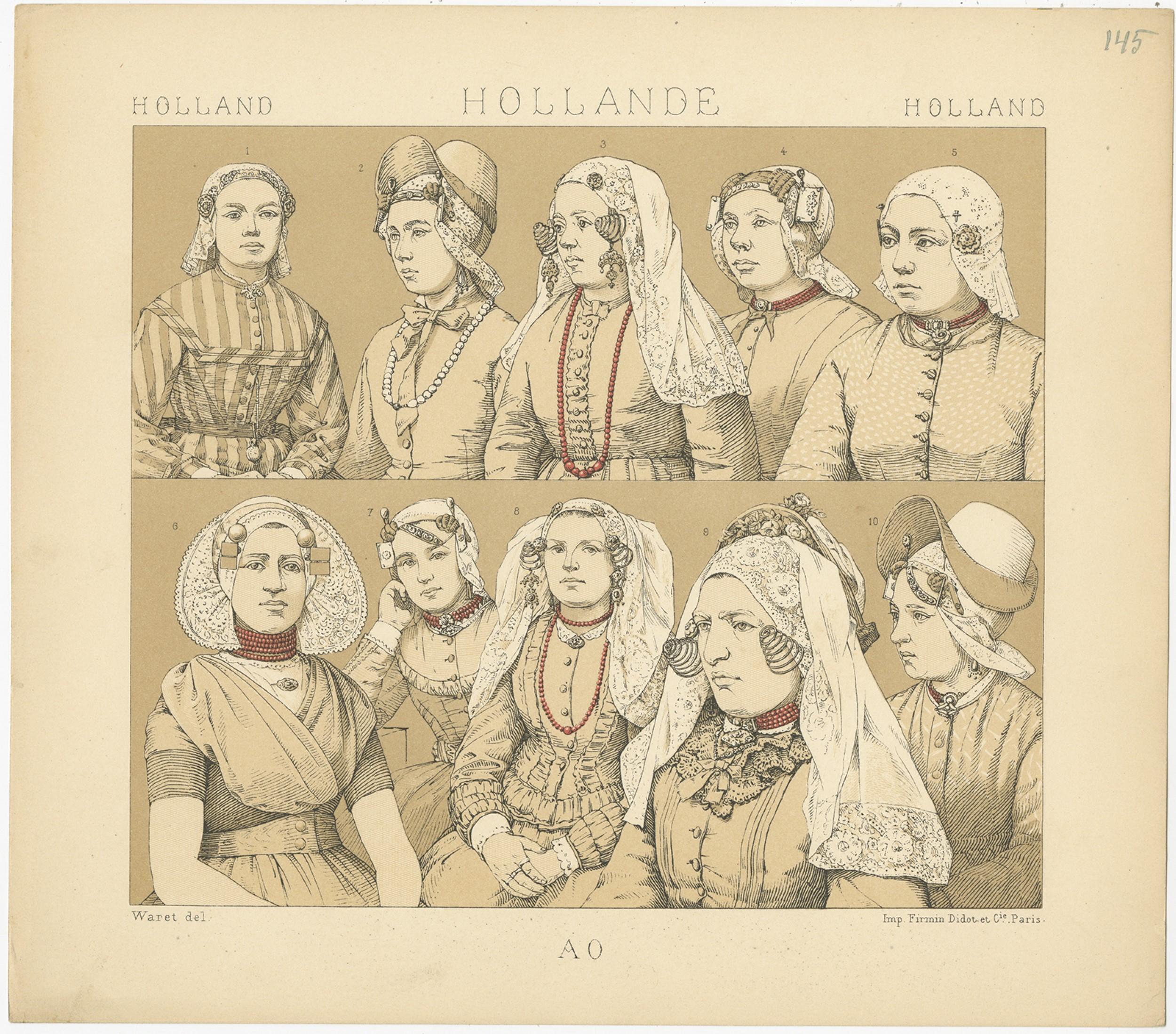 Pl. 145 Antiker Druck von Holland Women's Outfits von Racinet, um 1880 (19. Jahrhundert) im Angebot