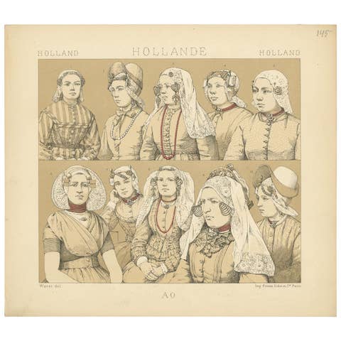 Pl. 145 Antique Print of Holland Women's Outfits by Racinet, 'circa 1880'