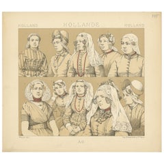 Pl. 145 Antique Print of Holland Women's Outfits by Racinet, 'circa 1880'