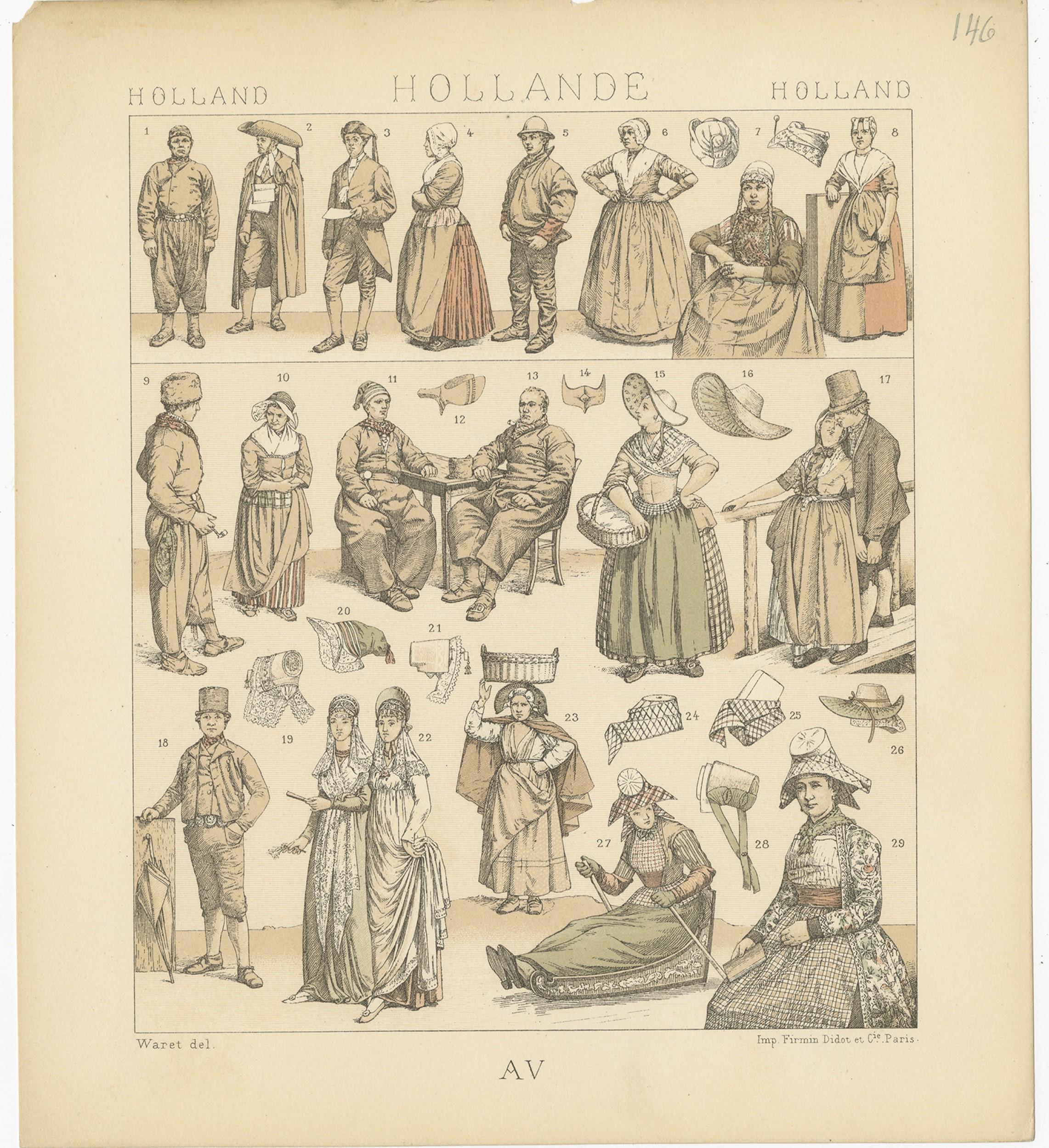 Pl. 146 Antique Print of Holland Outfits by Racinet, 'circa 1880' In Good Condition For Sale In Langweer, NL