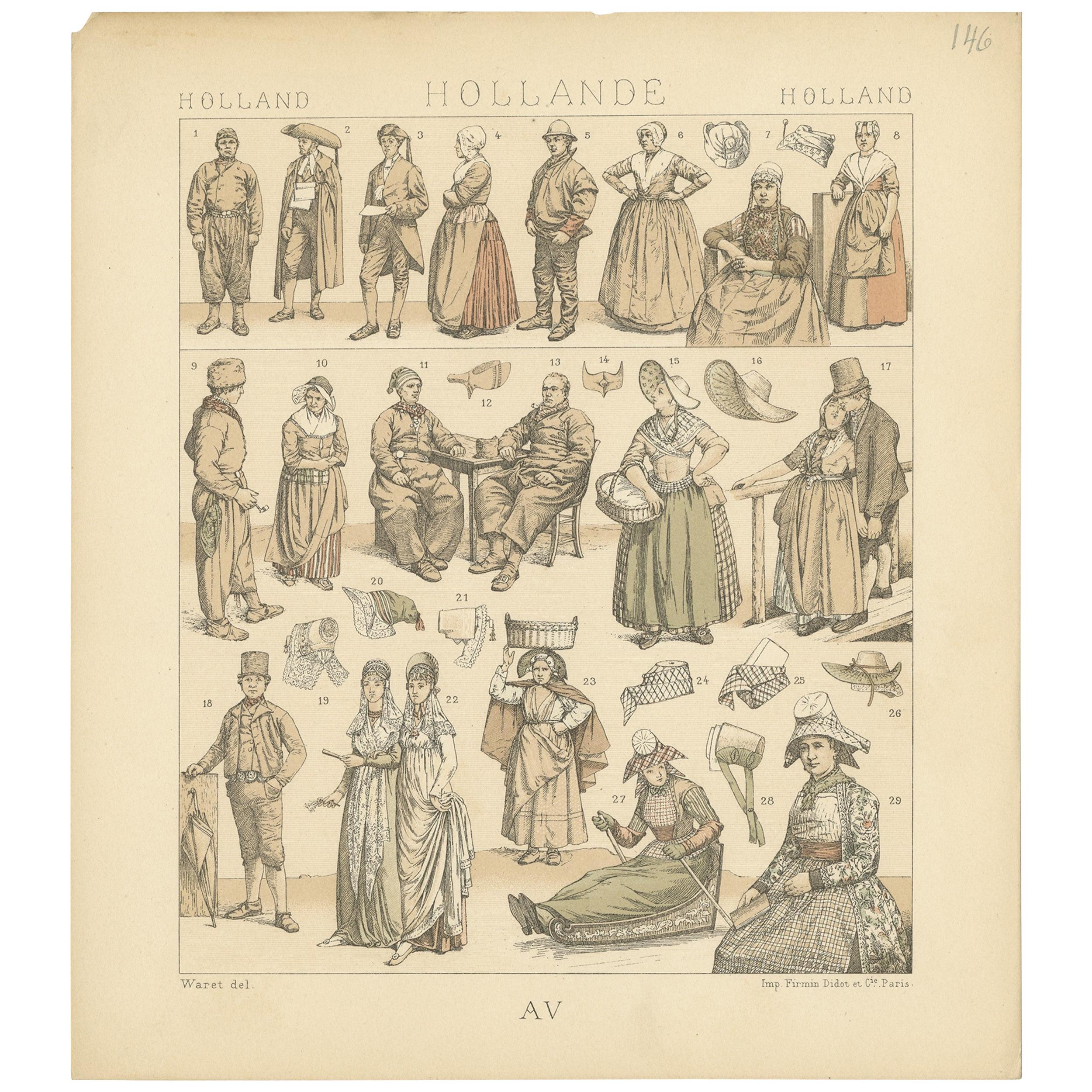 Pl. 146 Antique Print of Holland Outfits by Racinet, 'circa 1880'