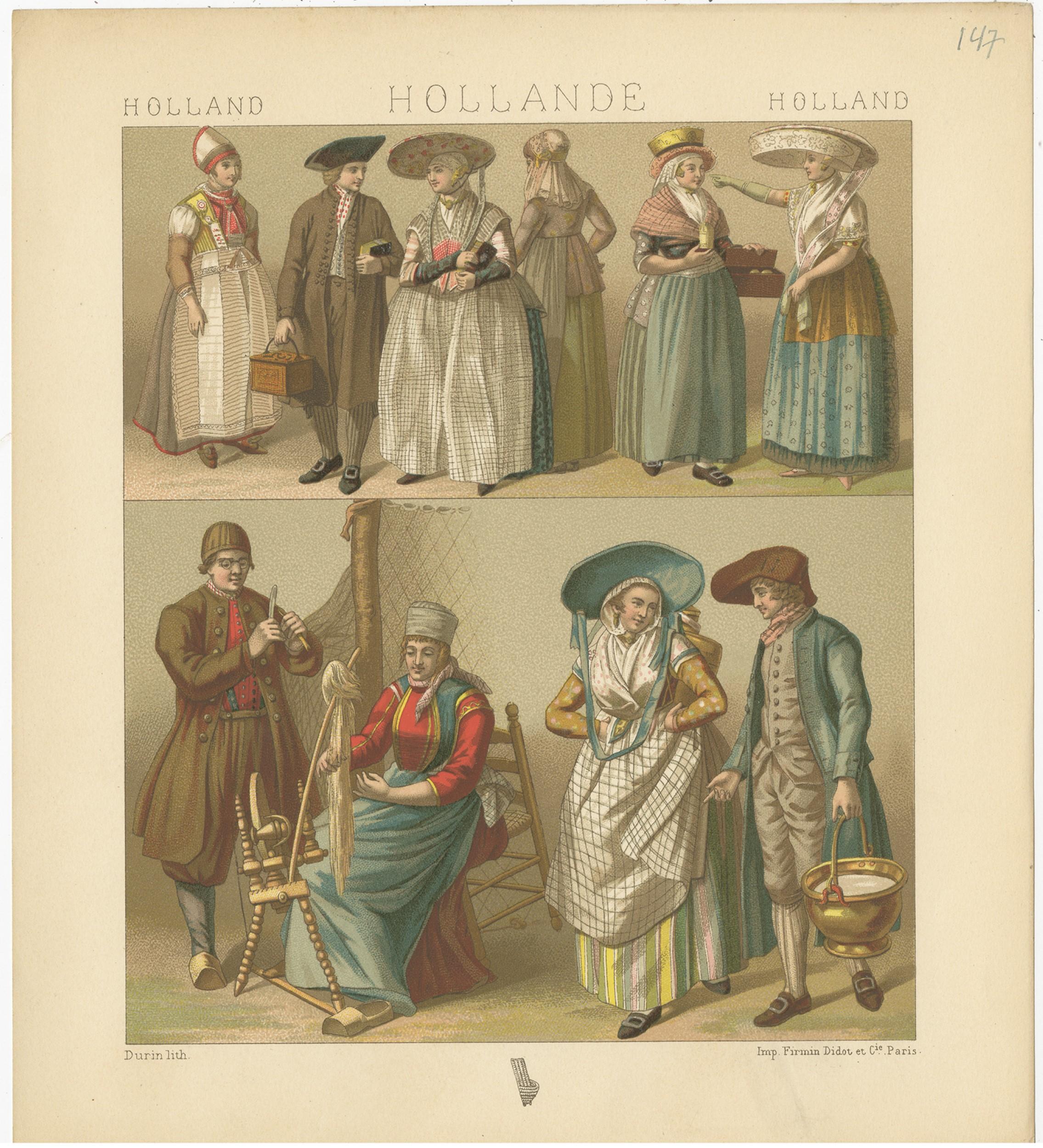Antique print titled 'Holland - Hollande - Holland'. Chromolithograph of Holland outfits. This print originates from 'Le Costume Historique' by M.A. Racinet. Published, circa 1880.

   