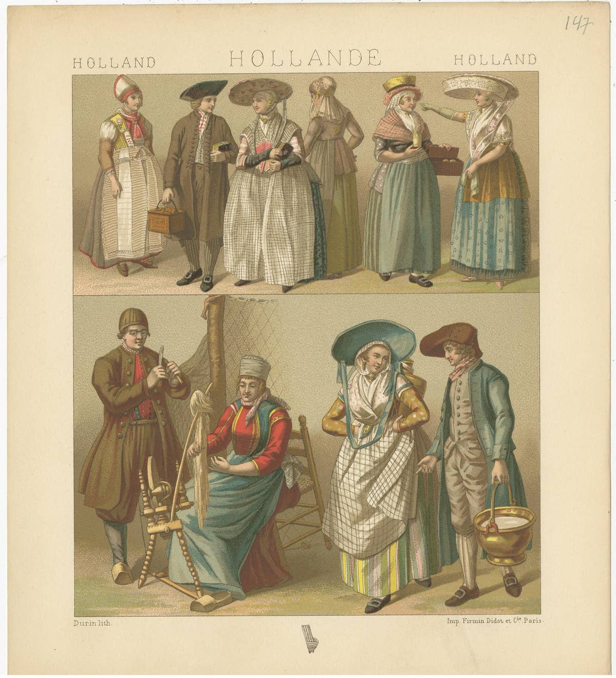 Pl. 147 Antique Print of Holland Outfits by Racinet, 'circa 1880'