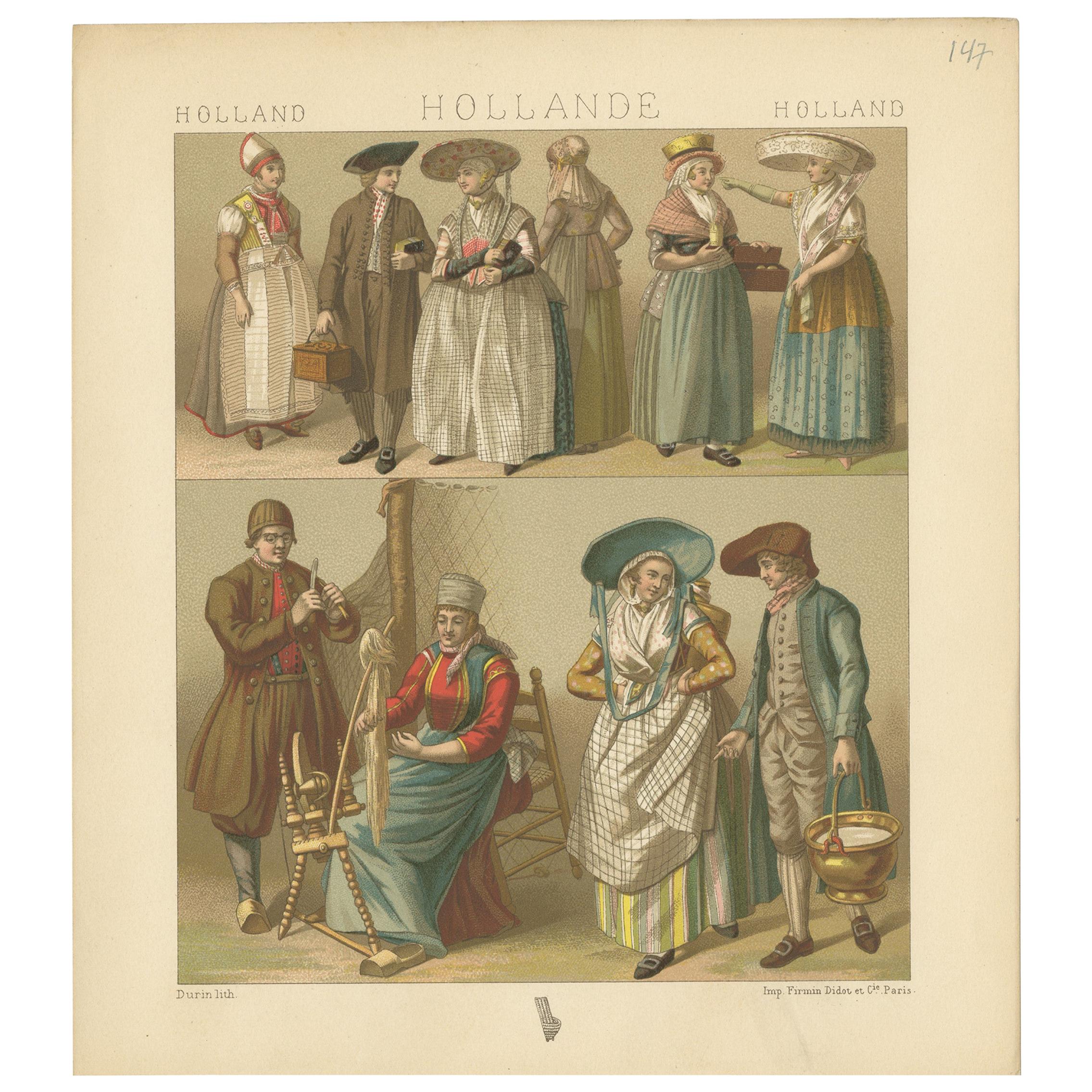Pl. 147 Antique Print of Holland Outfits by Racinet, 'circa 1880' For Sale