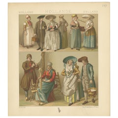 Pl. 147 Antique Print of Holland Outfits by Racinet, 'circa 1880'