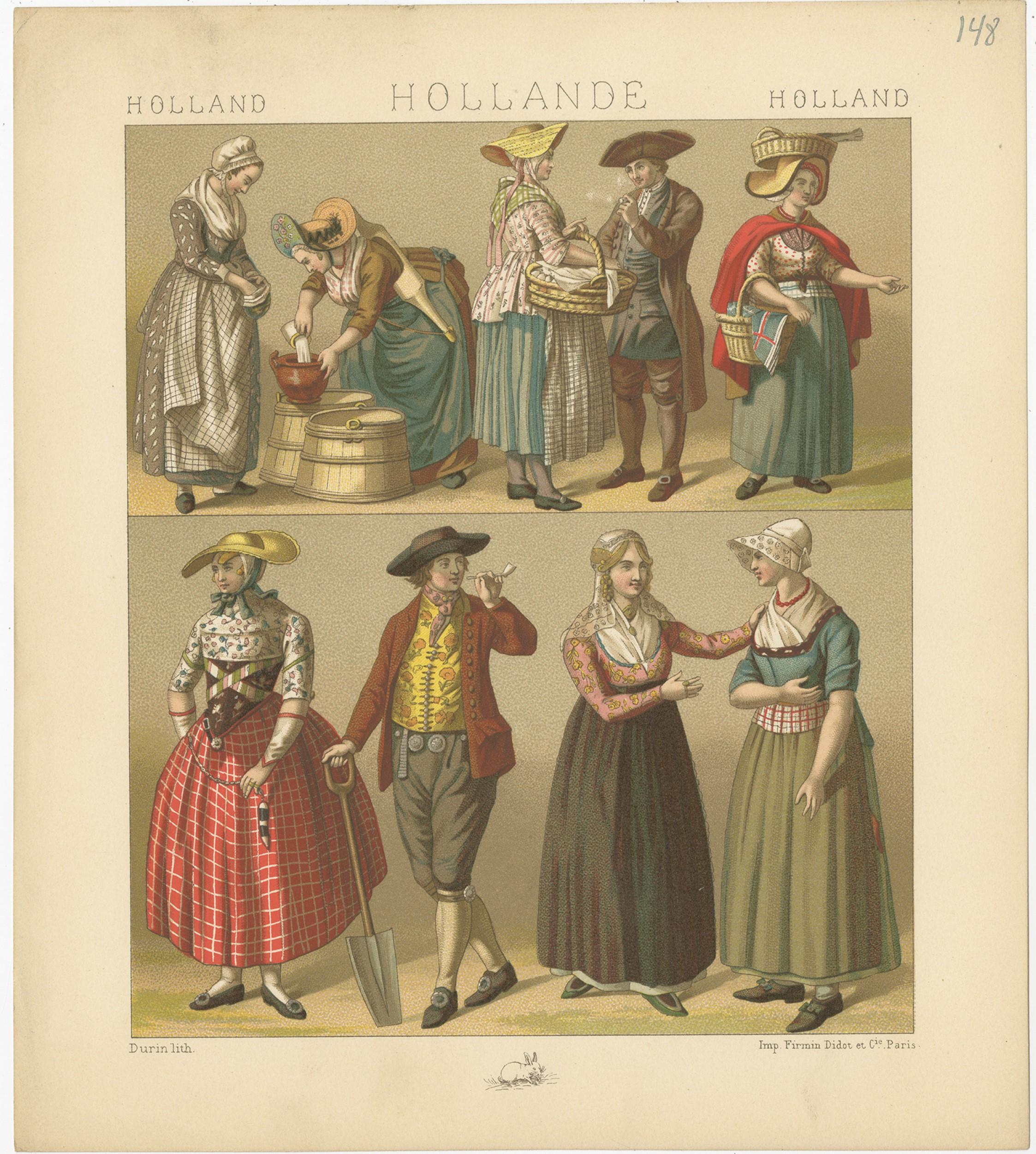 Pl. 148 Antique Print of Holland Outfits by Racinet, 'circa 1880' In Good Condition For Sale In Langweer, NL