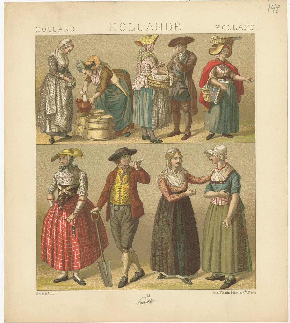 Pl. 148 Antique Print of Holland Outfits by Racinet, 'circa 1880'