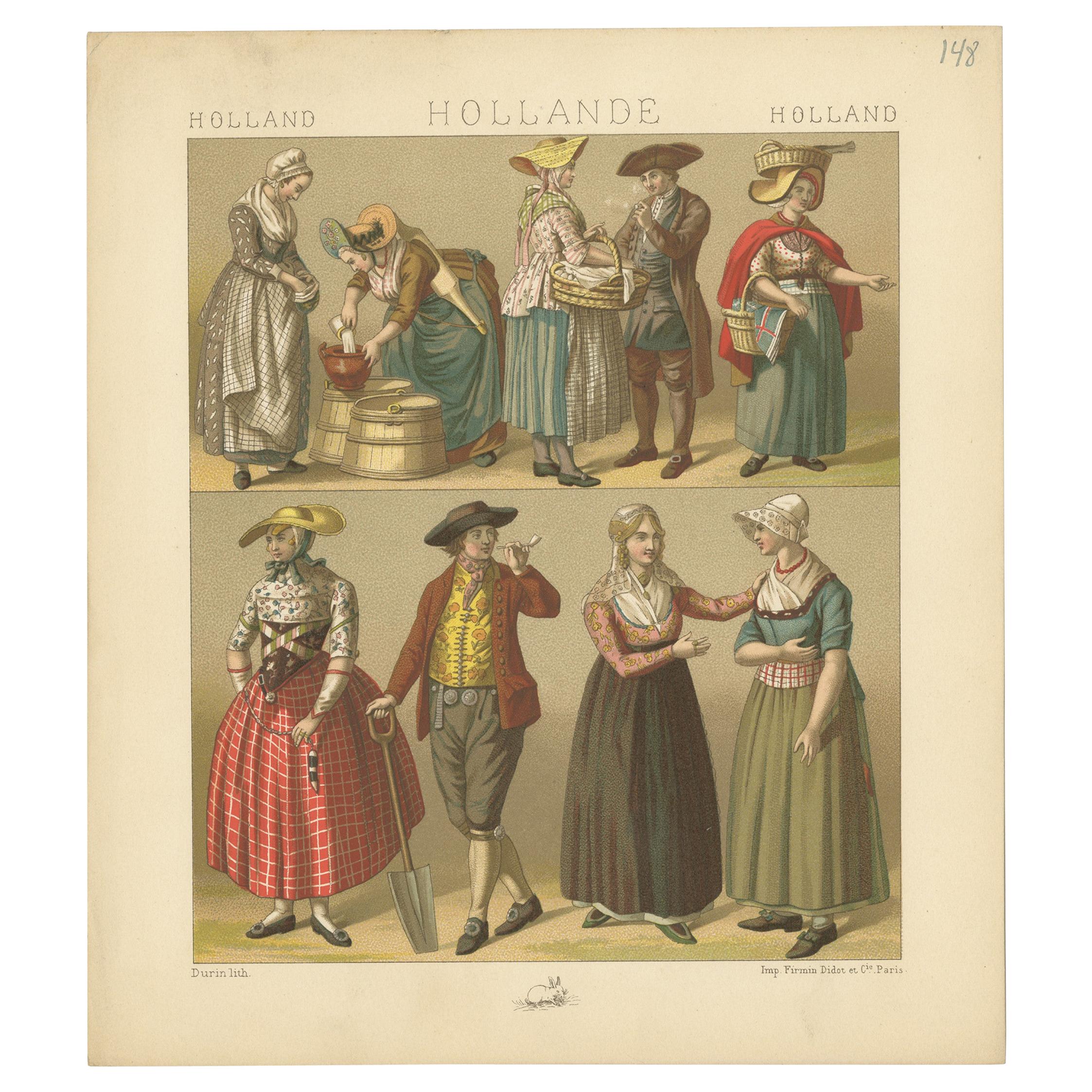 Pl. 148 Antique Print of Holland Outfits by Racinet, 'circa 1880'