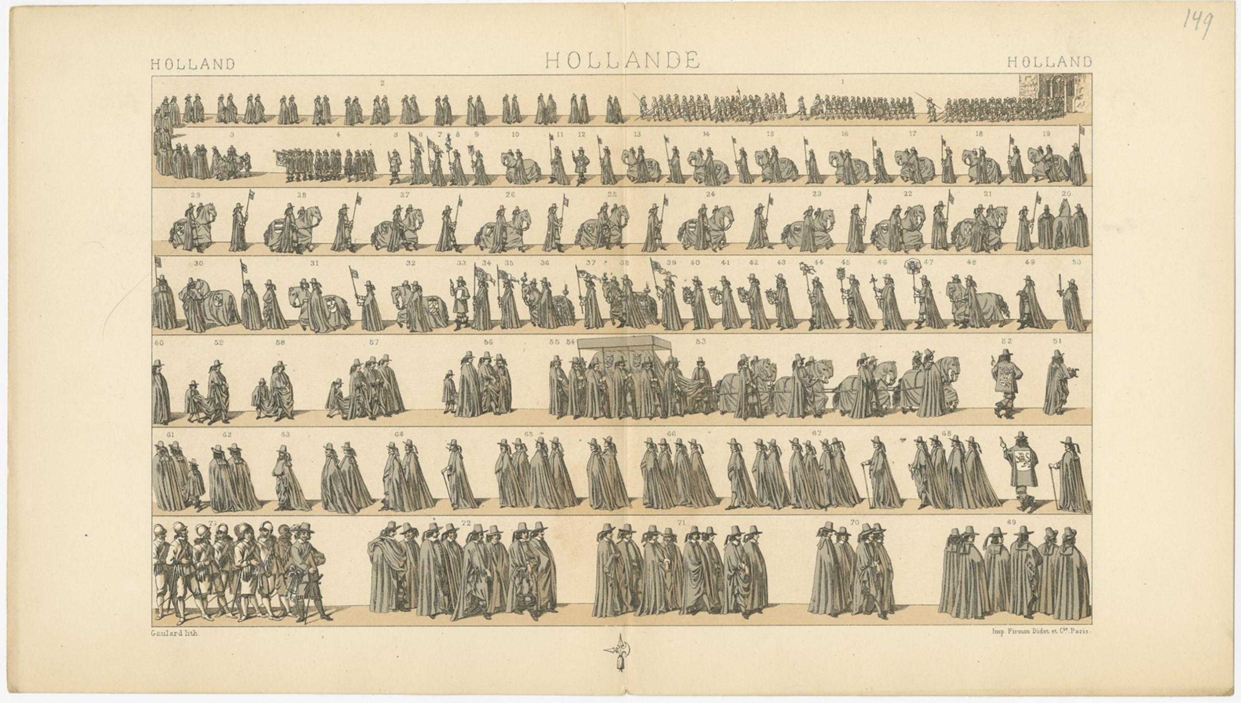 Antique print titled 'Holland - Hollande - Holland'. Chromolithograph of Holland military parade. This print originates from 'Le Costume Historique' by M.A. Racinet. Published, circa 1880.

   