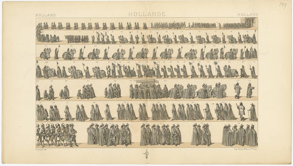 Pl. 149 Antique Print of Holland Military Parade by Racinet, 'circa 1880'