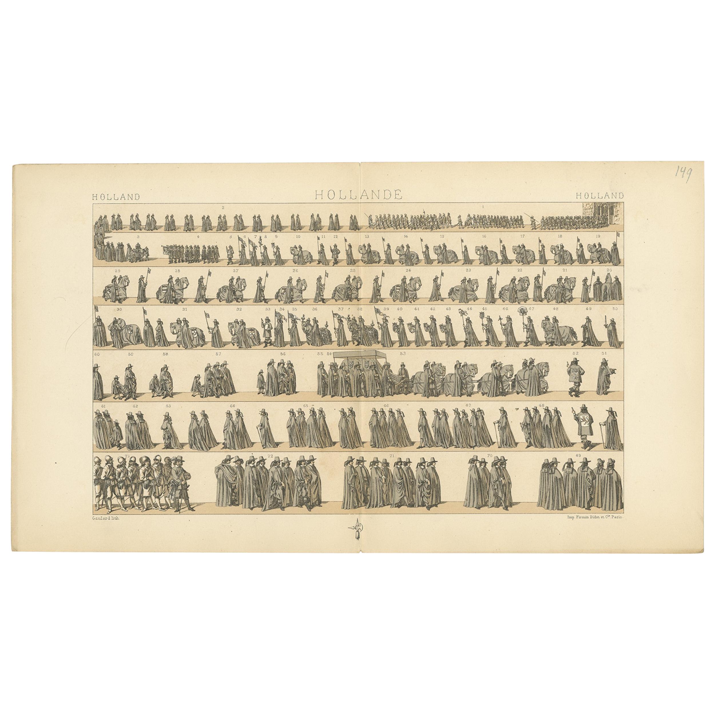 Pl. 149 Antique Print of Holland Military Parade by Racinet, 'circa 1880'