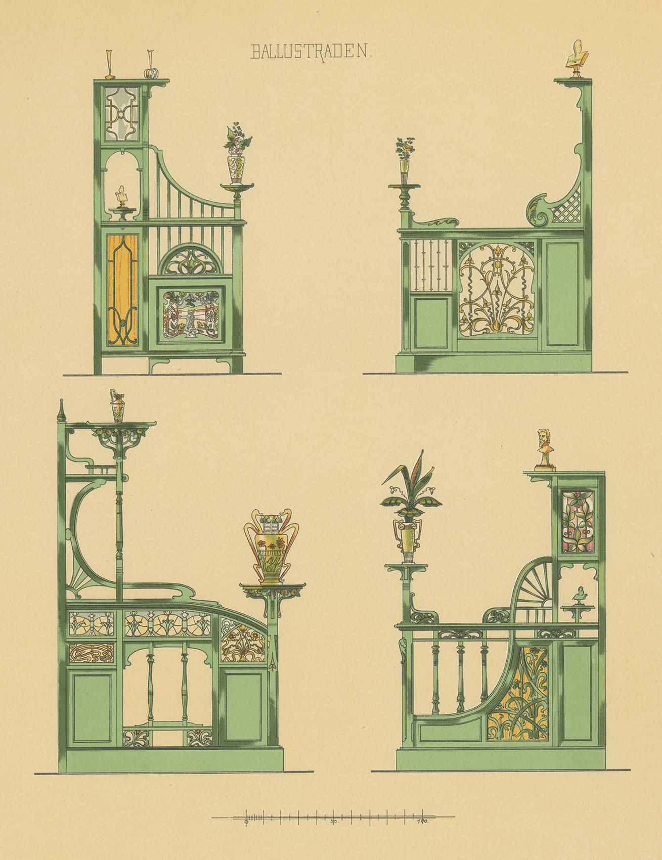 Antique print titled 'Ballustraden'. Lithograph of balustrades. This print originates from 'Det Moderna Hemmet' by Johannes Kramer. Published by Ferdinand Hey'l, circa 1910.
