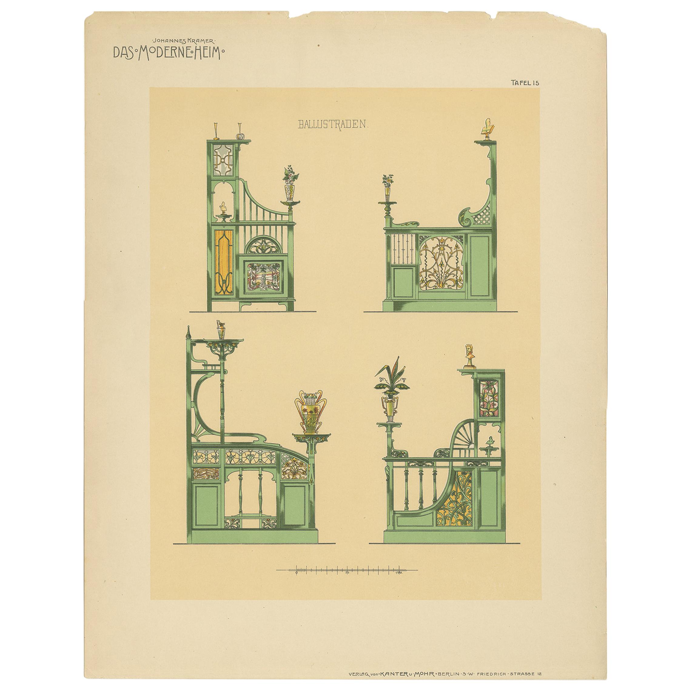 Pl. 15 Antique Print of Balustrades by Kramer 'circa 1910' For Sale