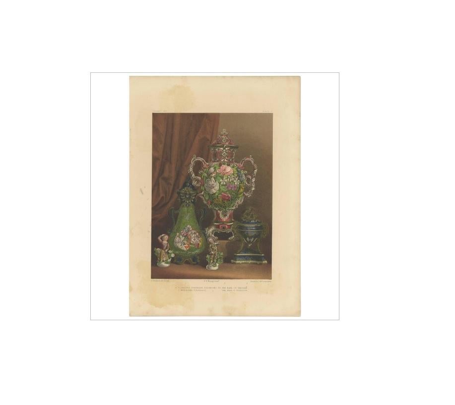 Antique print titled ‘Chelsea porcelain, Worcester porcelain'. Lithograph of Chelsea and Worcester porcelain. This print originates from ‘Examples of Pottery and Porcelain selected from the Royal and other Collections’. Edited by J.B. Waring.