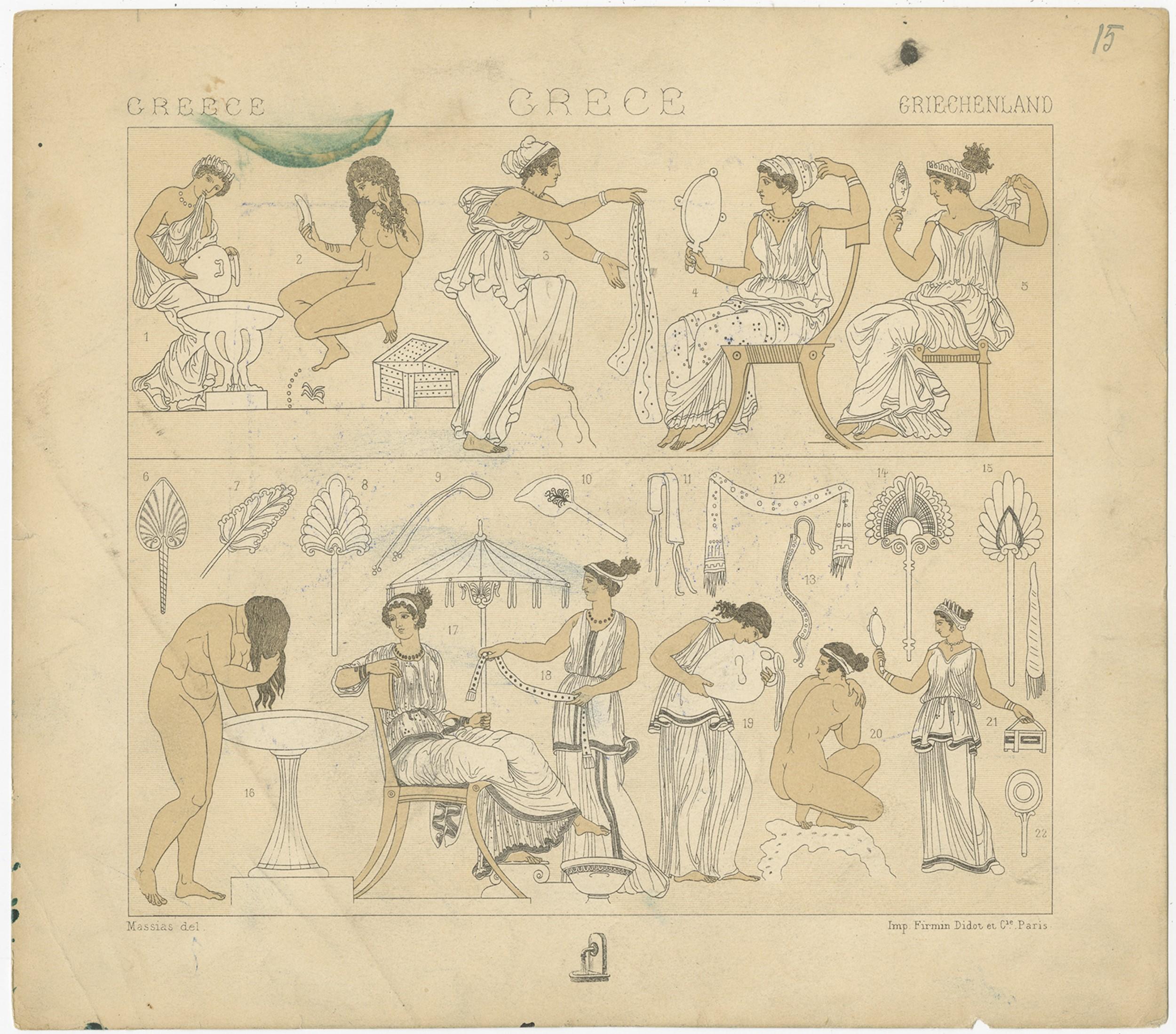 Antique print titled 'Greece - Grece - Griechenland'. Chromolithograph of Greece bathroom scenes. This print originates from 'Le Costume Historique' by M.A. Racinet. Published, circa 1880.