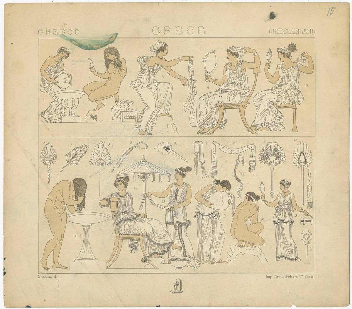 Pl. 15 Antique Print of Greece Bathroom Scenes by Racinet, 'circa 1880'
