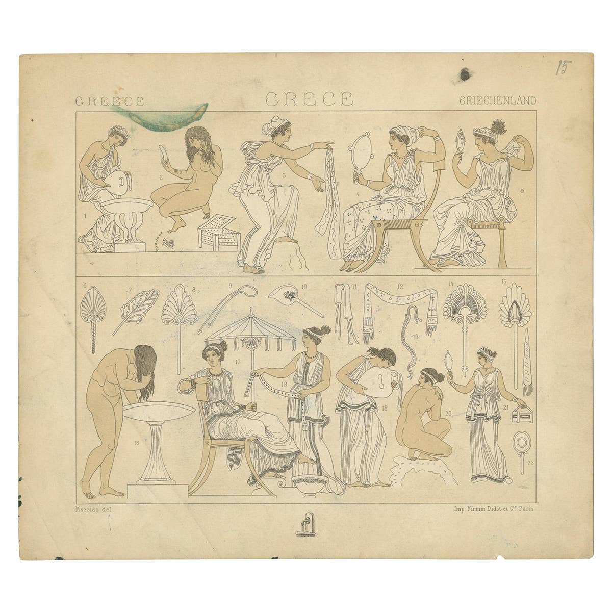 Pl. 15 Antique Print of Greece Bathroom Scenes by Racinet, 'circa 1880'