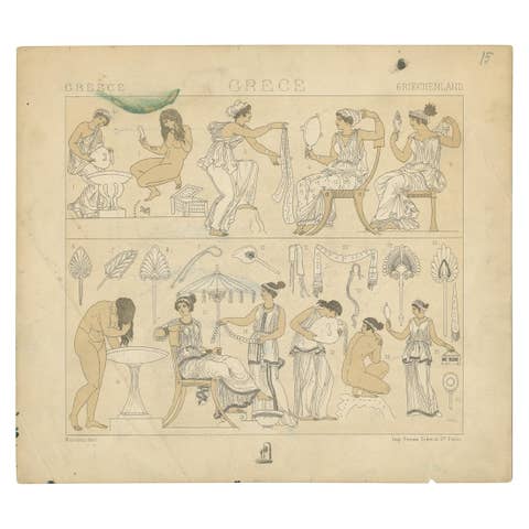 Pl. 15 Antique Print of Greece Bathroom Scenes by Racinet, 'circa 1880'