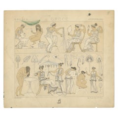 Pl. 15 Stampa antica di scene di bagno in Grecia di Racinet, "circa 1880".